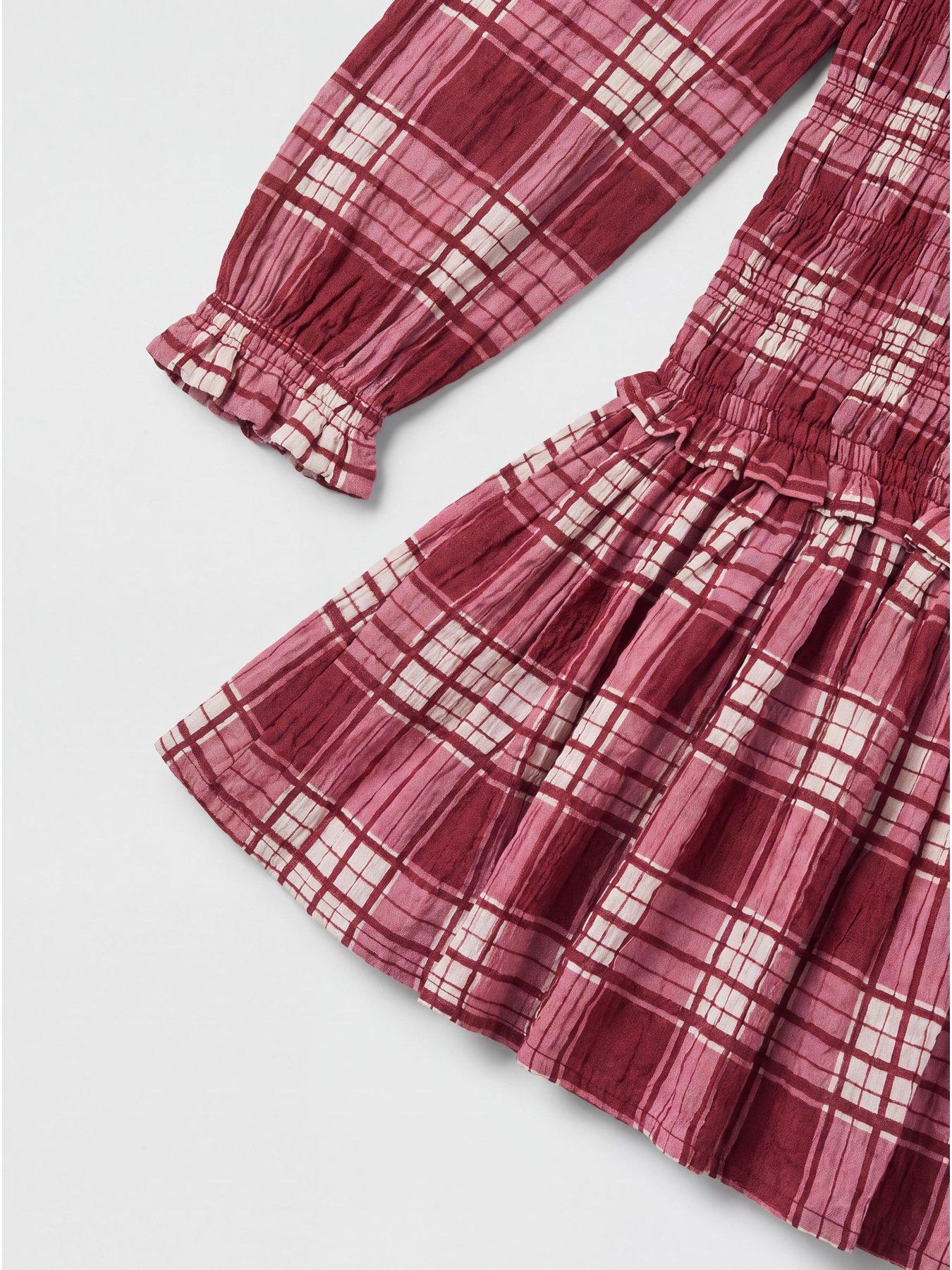 Image 3 of 3 of The Very Collection Girls Long Sleeve Check Shirred Dress - Red