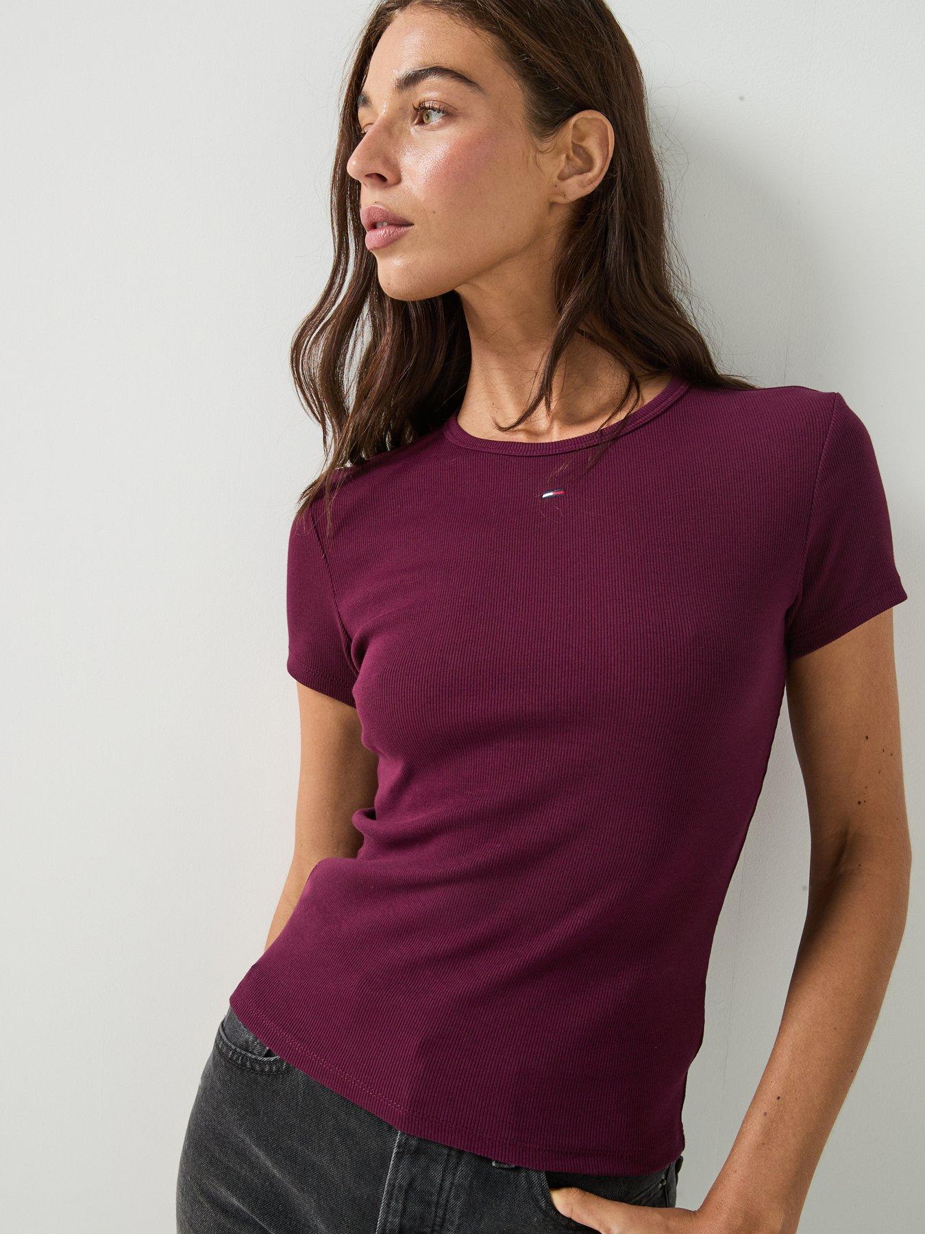 Tommy Jeans Slim Ribbed Short Sleeve T-shirt, Red, Size S, Women