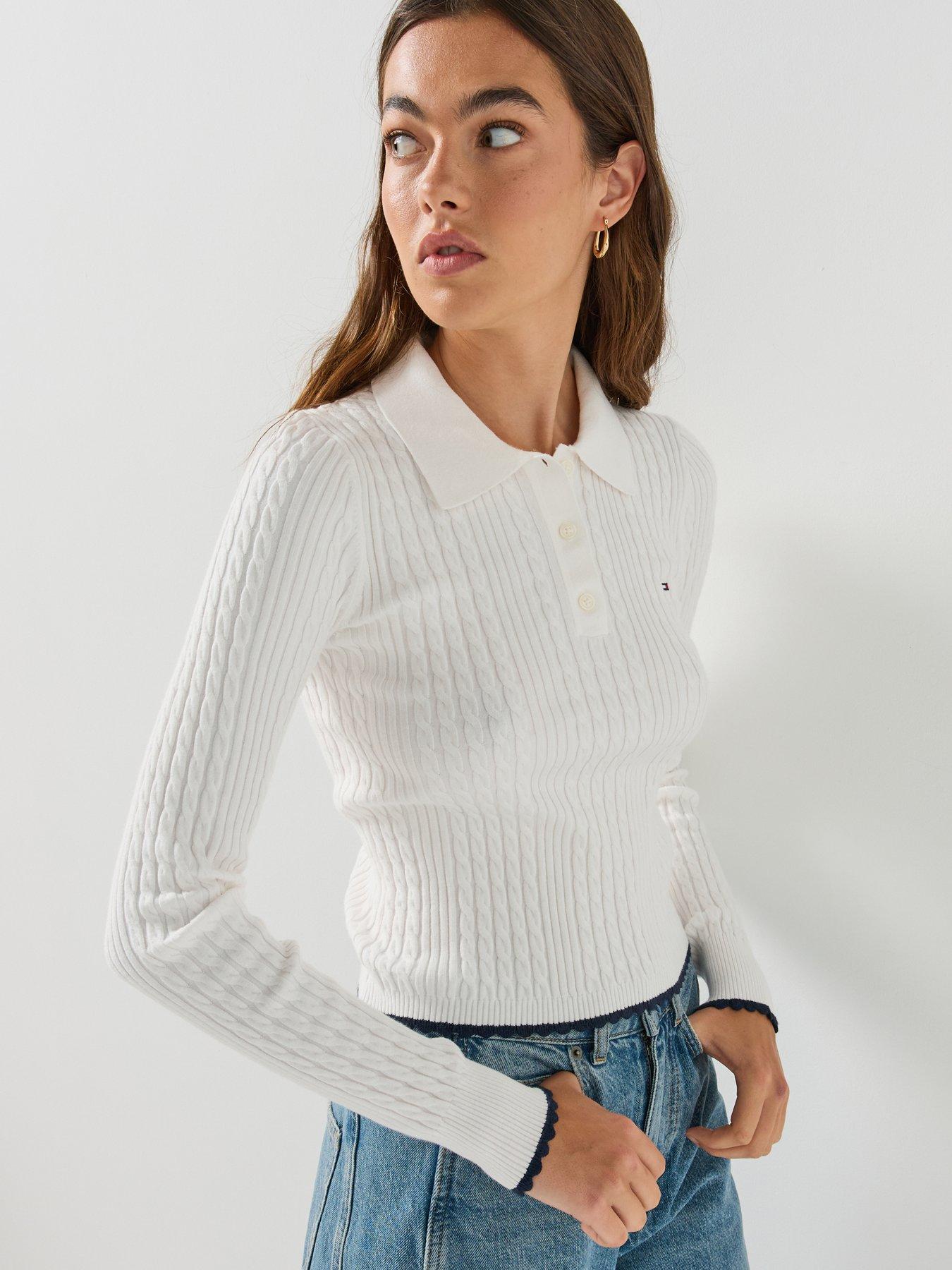 Image 1 of 6 of Tommy Jeans Womens Micro Cable Slim Polo Collar Jumper - White