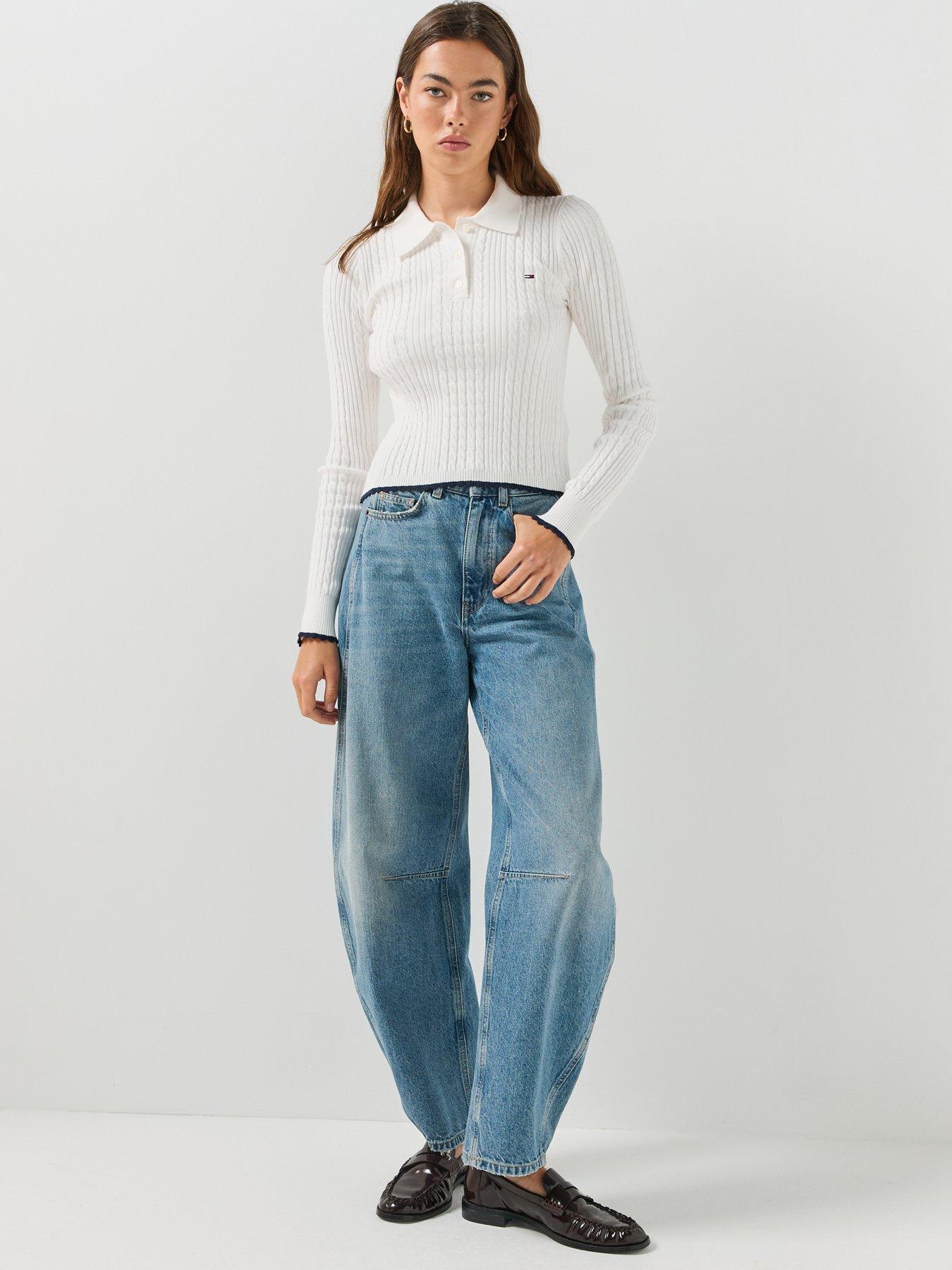 Image 3 of 6 of Tommy Jeans Womens Micro Cable Slim Polo Collar Jumper - White