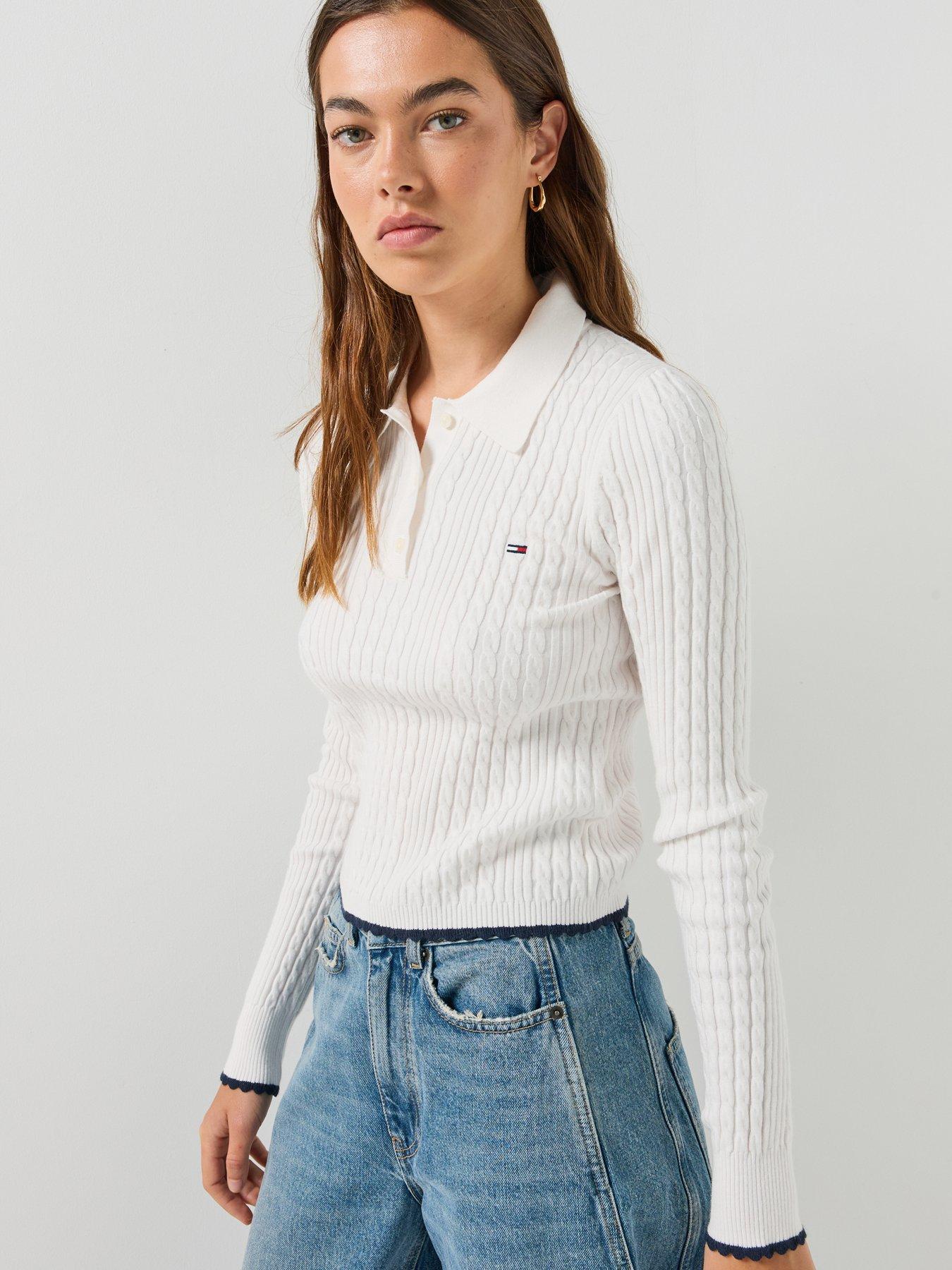 Image 4 of 6 of Tommy Jeans Womens Micro Cable Slim Polo Collar Jumper - White