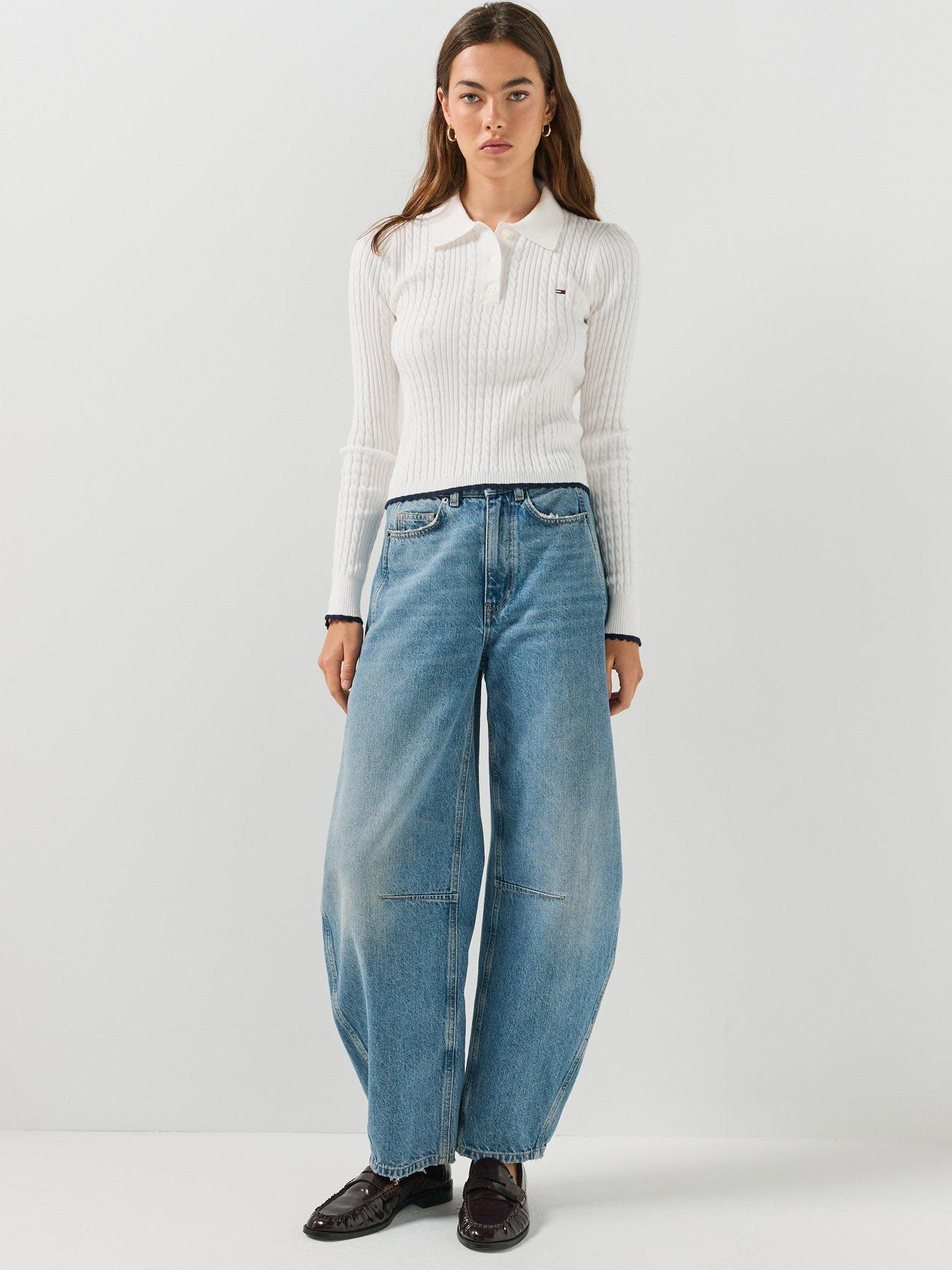 Image 5 of 6 of Tommy Jeans Womens Micro Cable Slim Polo Collar Jumper - White