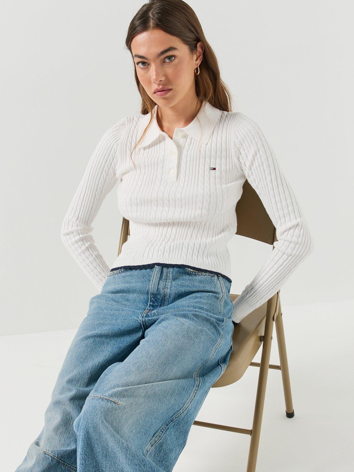 Image 6 of 6 of Tommy Jeans Womens Micro Cable Slim Polo Collar Jumper - White
