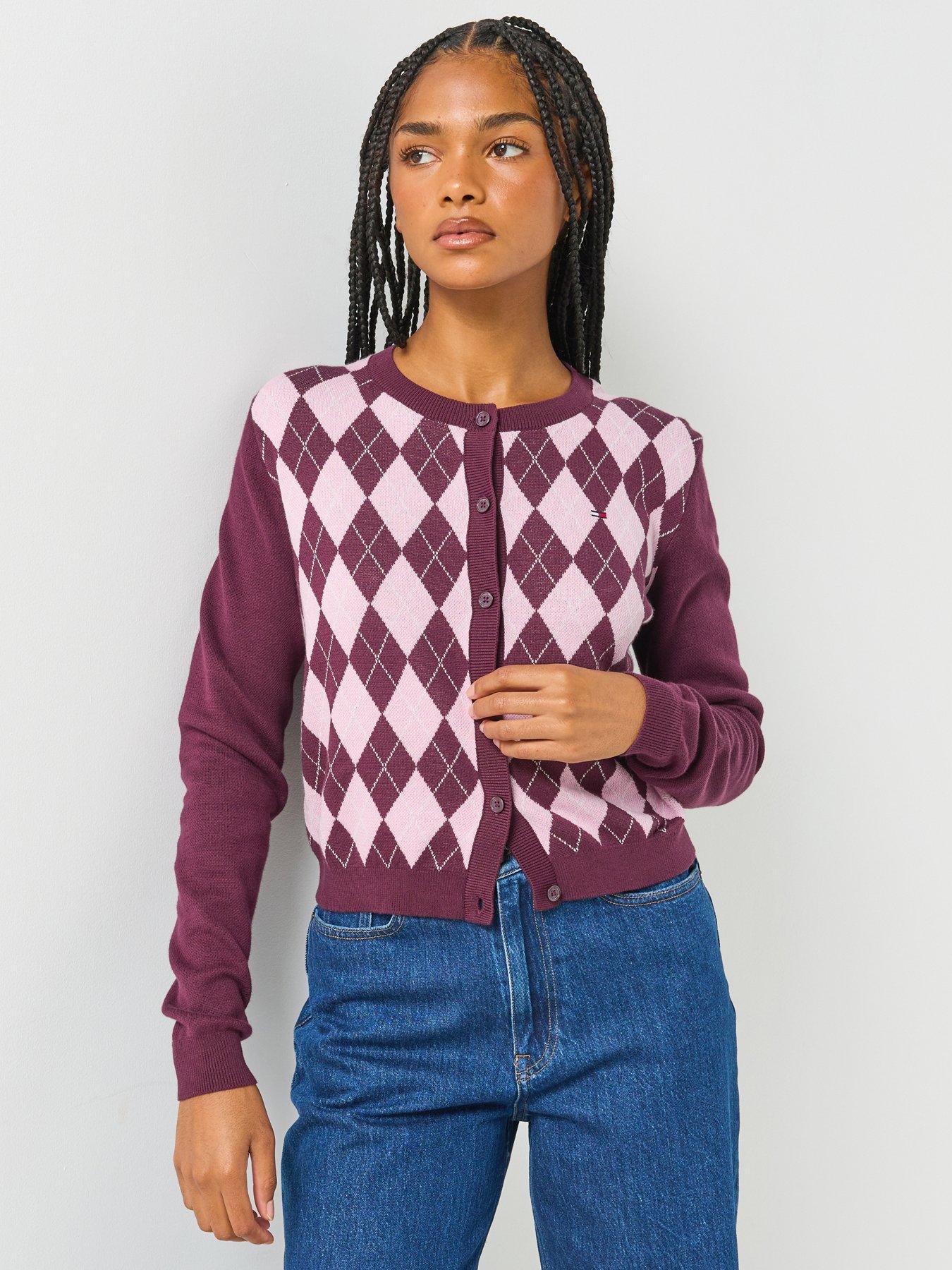 Tommy Jeans Women's Essential Argyle Crew Neck Cardigan - Red