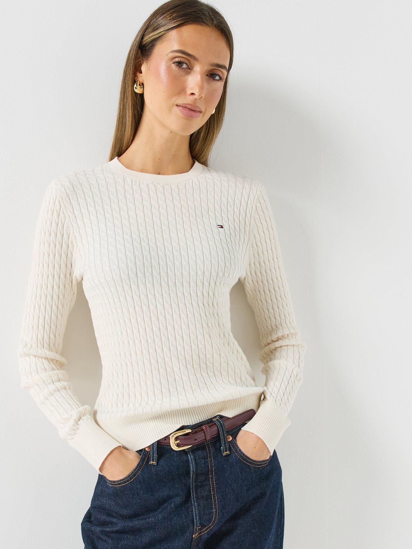 Tommy Hilfiger Women's Cream Fine Cable Knit Crew Neck Jumper - Image 4