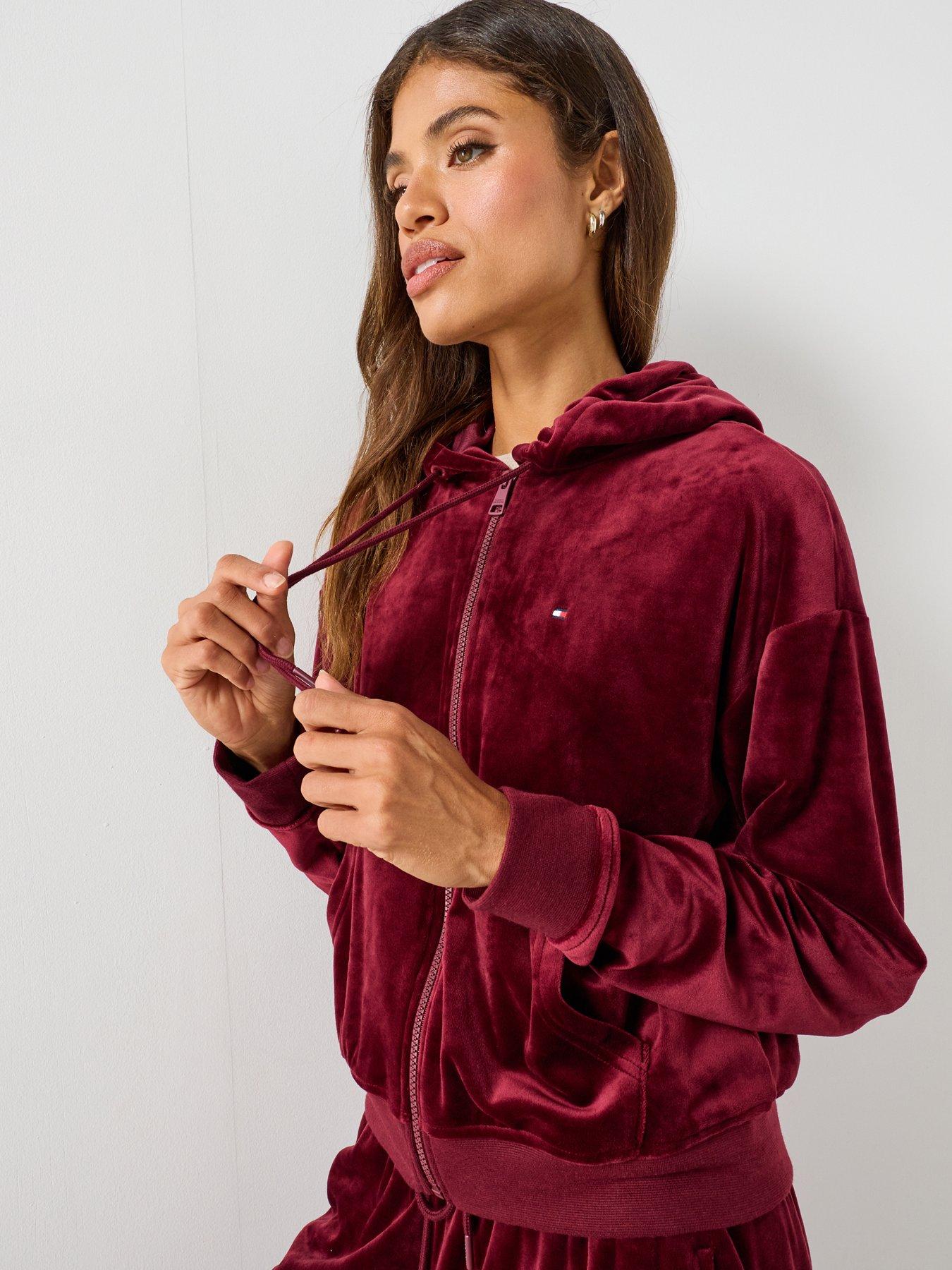 Image 1 of 5 of Tommy Hilfiger Womens Essential Velour Relaxed Zip-Thru Lounge Hoodie - Red