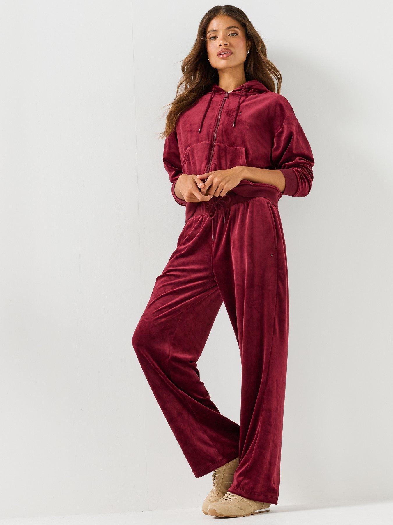Image 3 of 5 of Tommy Hilfiger Womens Essential Velour Relaxed Zip-Thru Lounge Hoodie - Red