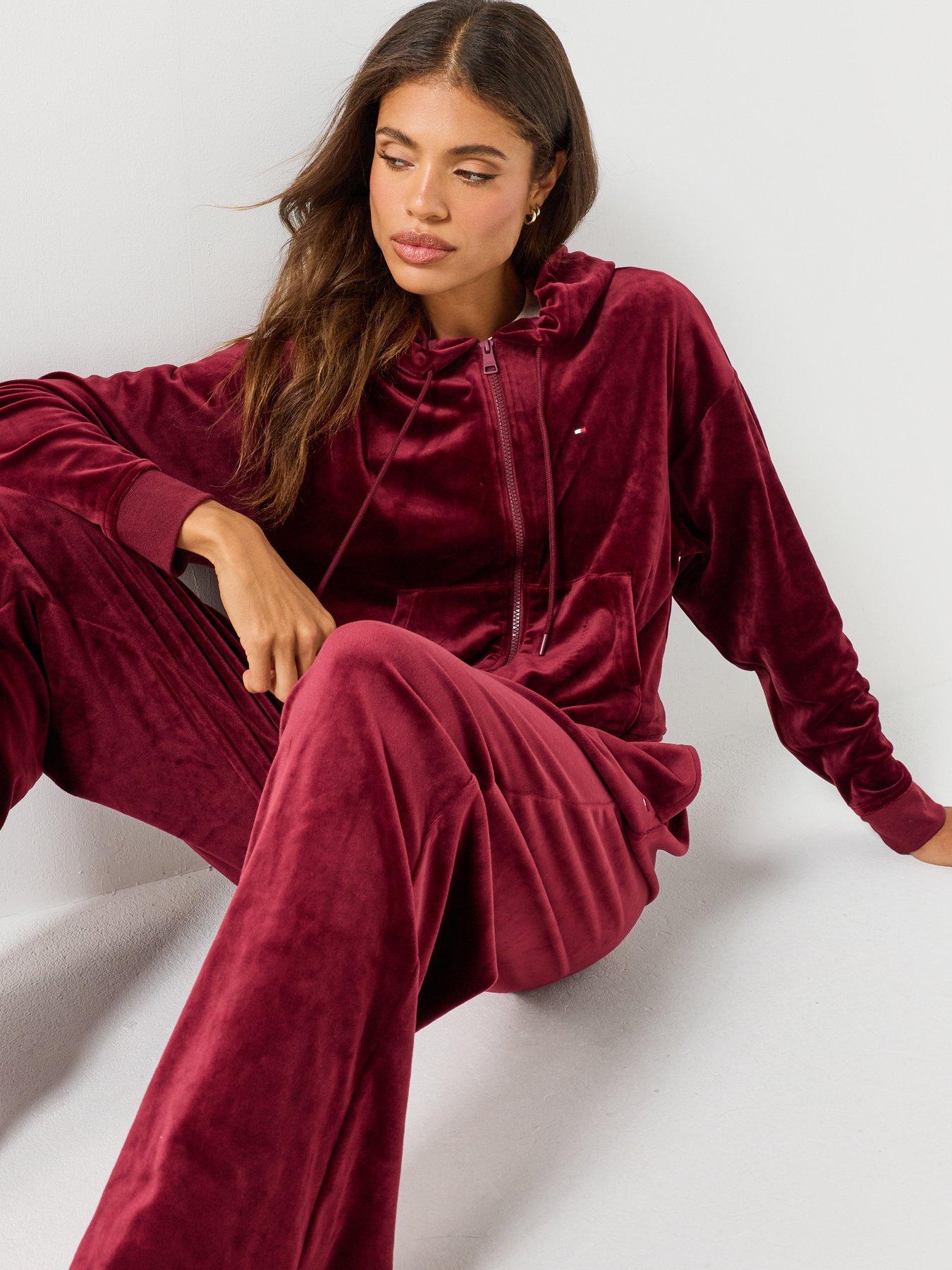 Image 4 of 5 of Tommy Hilfiger Womens Essential Velour Relaxed Zip-Thru Lounge Hoodie - Red