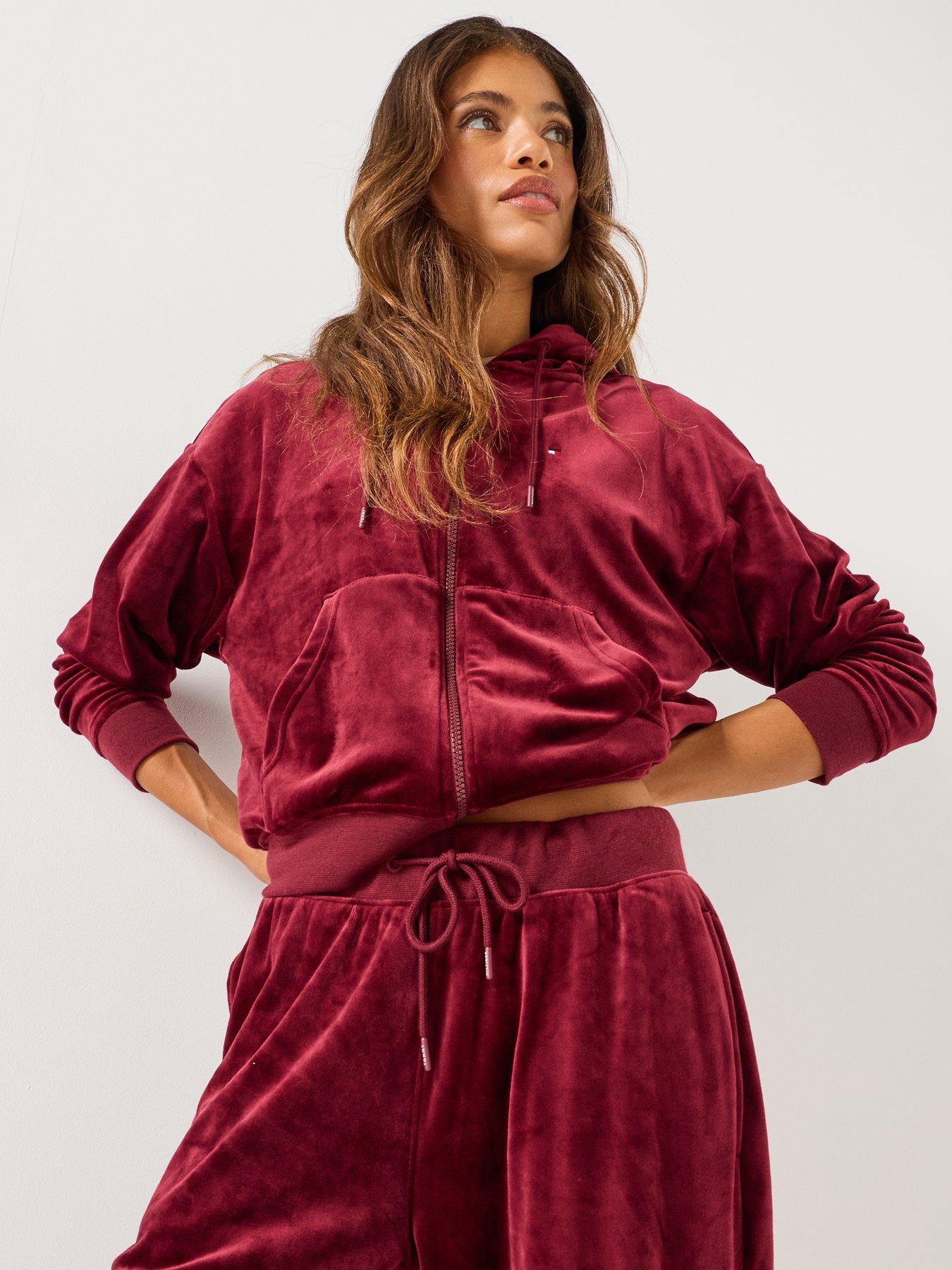 Image 5 of 5 of Tommy Hilfiger Womens Essential Velour Relaxed Zip-Thru Lounge Hoodie - Red