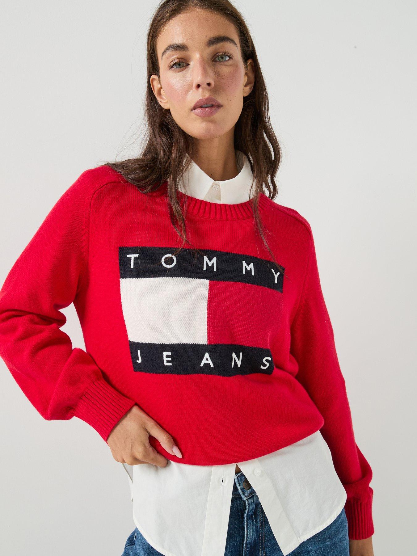 Tommy Jeans Tommy Flag Relaxed Crew Neck Jumper, Red, Size Xl, Women