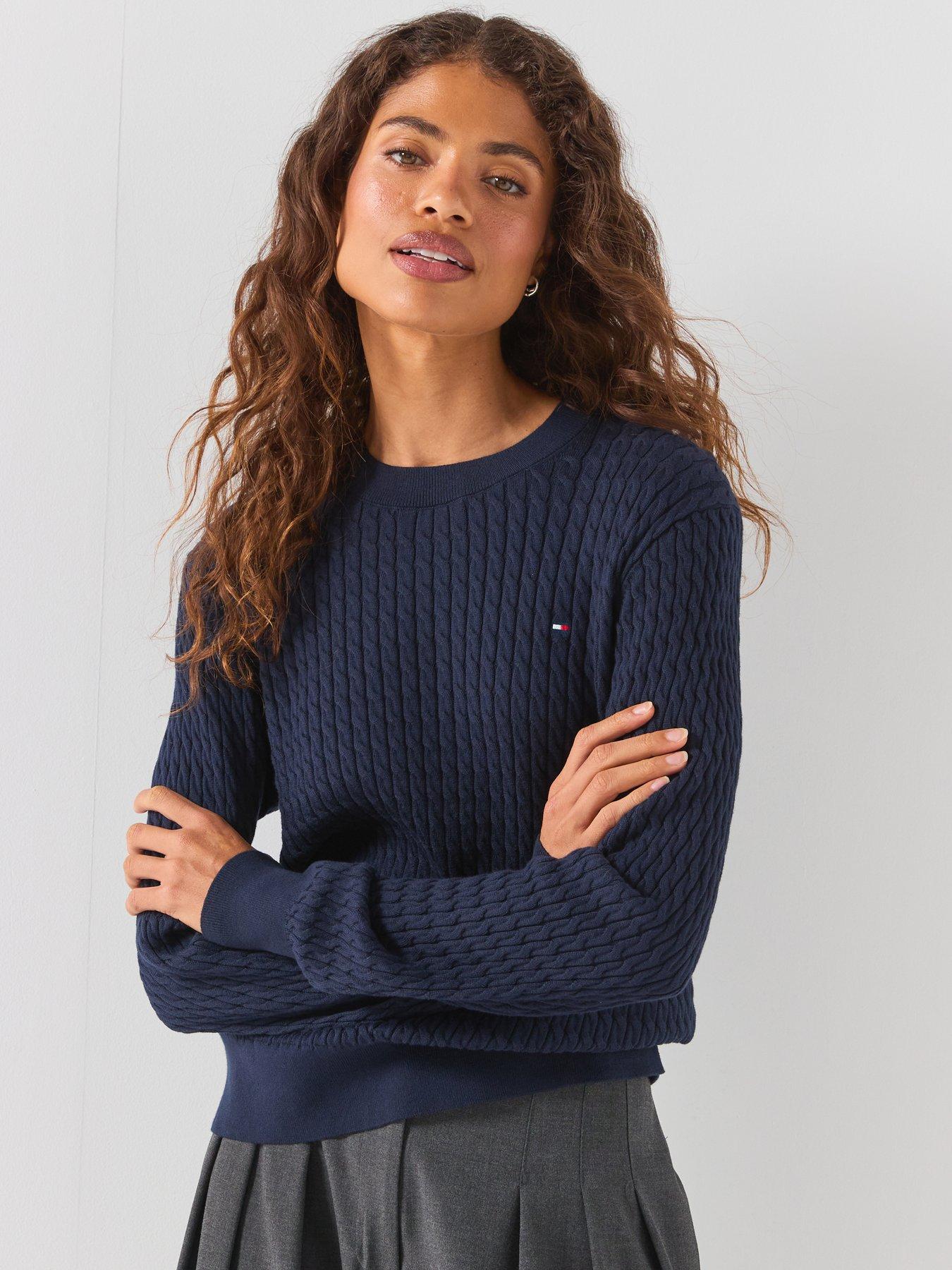 Tommy Hilfiger Fine Cable Knit Crew Neck Jumper, Blue, Size S, Women