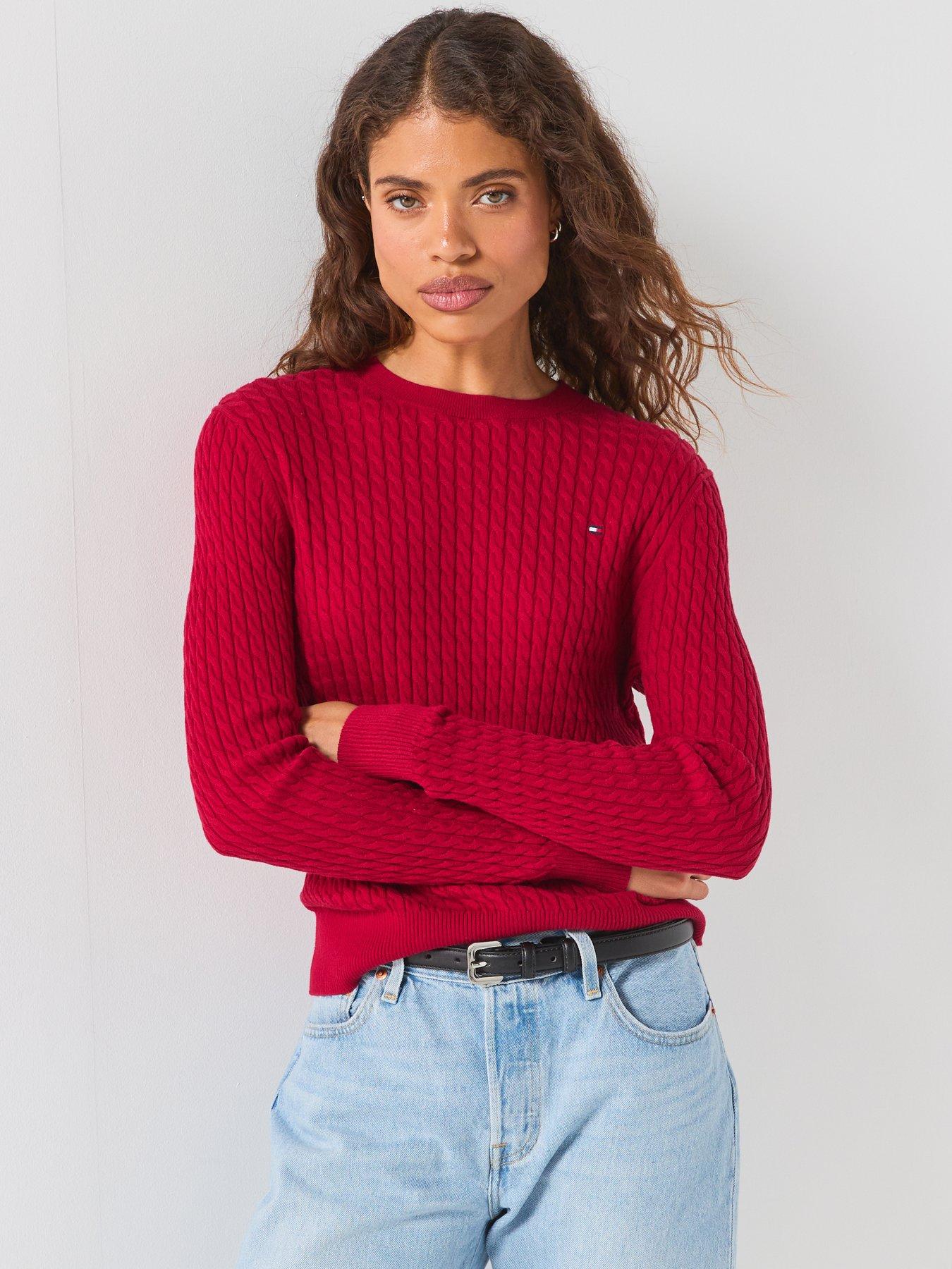 Tommy Hilfiger Fine Cable Knit Crew Neck Jumper, Pink, Size L, Women