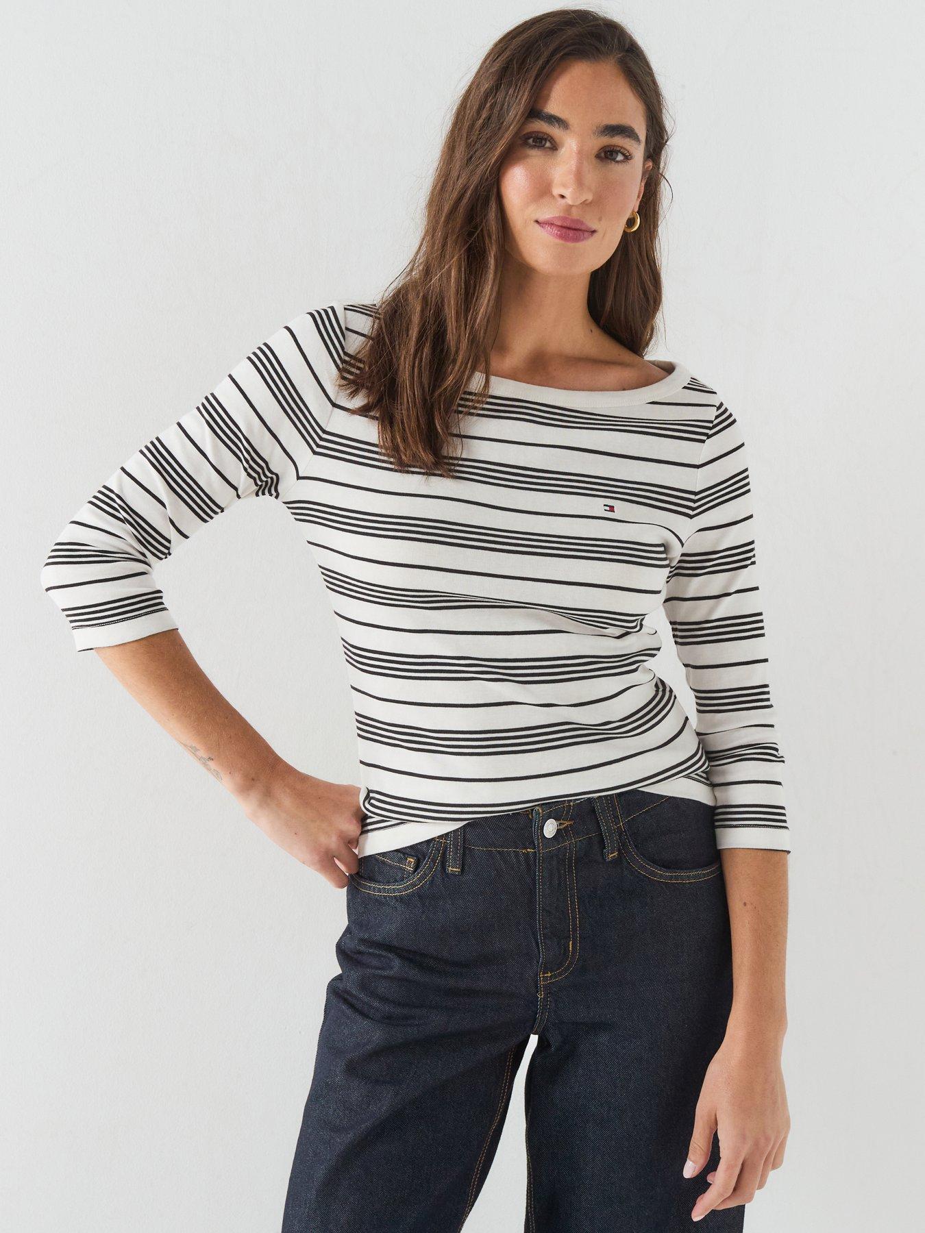 Image 1 of 5 of Tommy Hilfiger Women's Striped Boat Neck 3/4 Sleeve T-Shirt - White/Navy