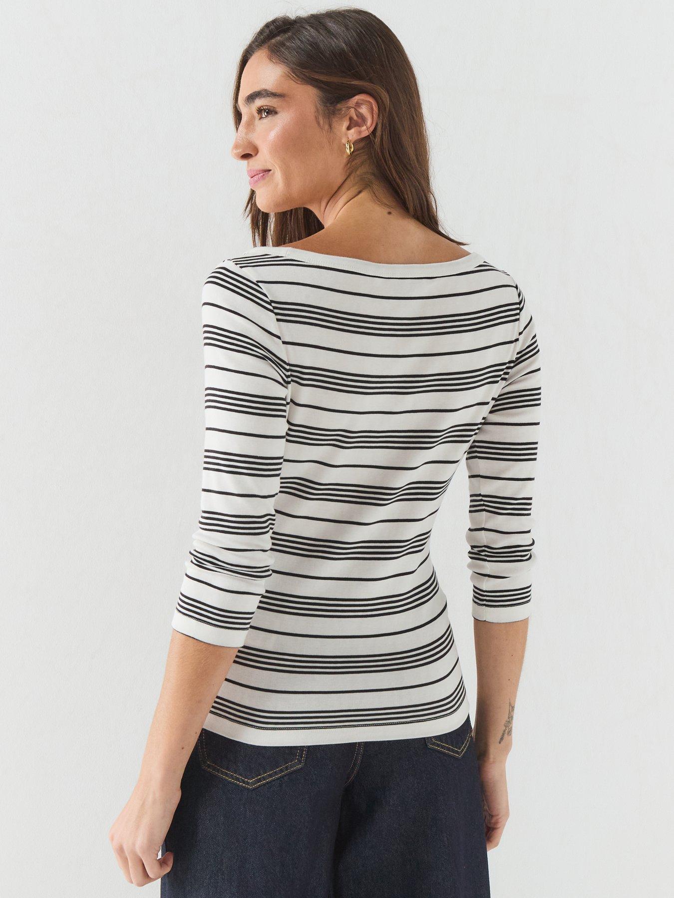 Image 2 of 5 of Tommy Hilfiger Women's Striped Boat Neck 3/4 Sleeve T-Shirt - White/Navy