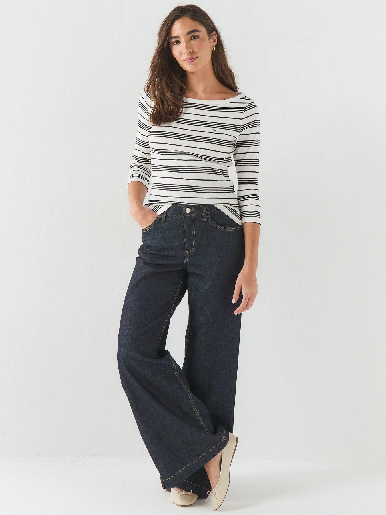 Image 3 of 5 of Tommy Hilfiger Women's Striped Boat Neck 3/4 Sleeve T-Shirt - White/Navy