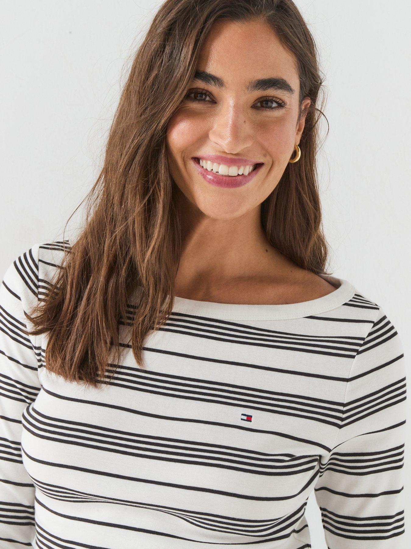 Image 4 of 5 of Tommy Hilfiger Women's Striped Boat Neck 3/4 Sleeve T-Shirt - White/Navy