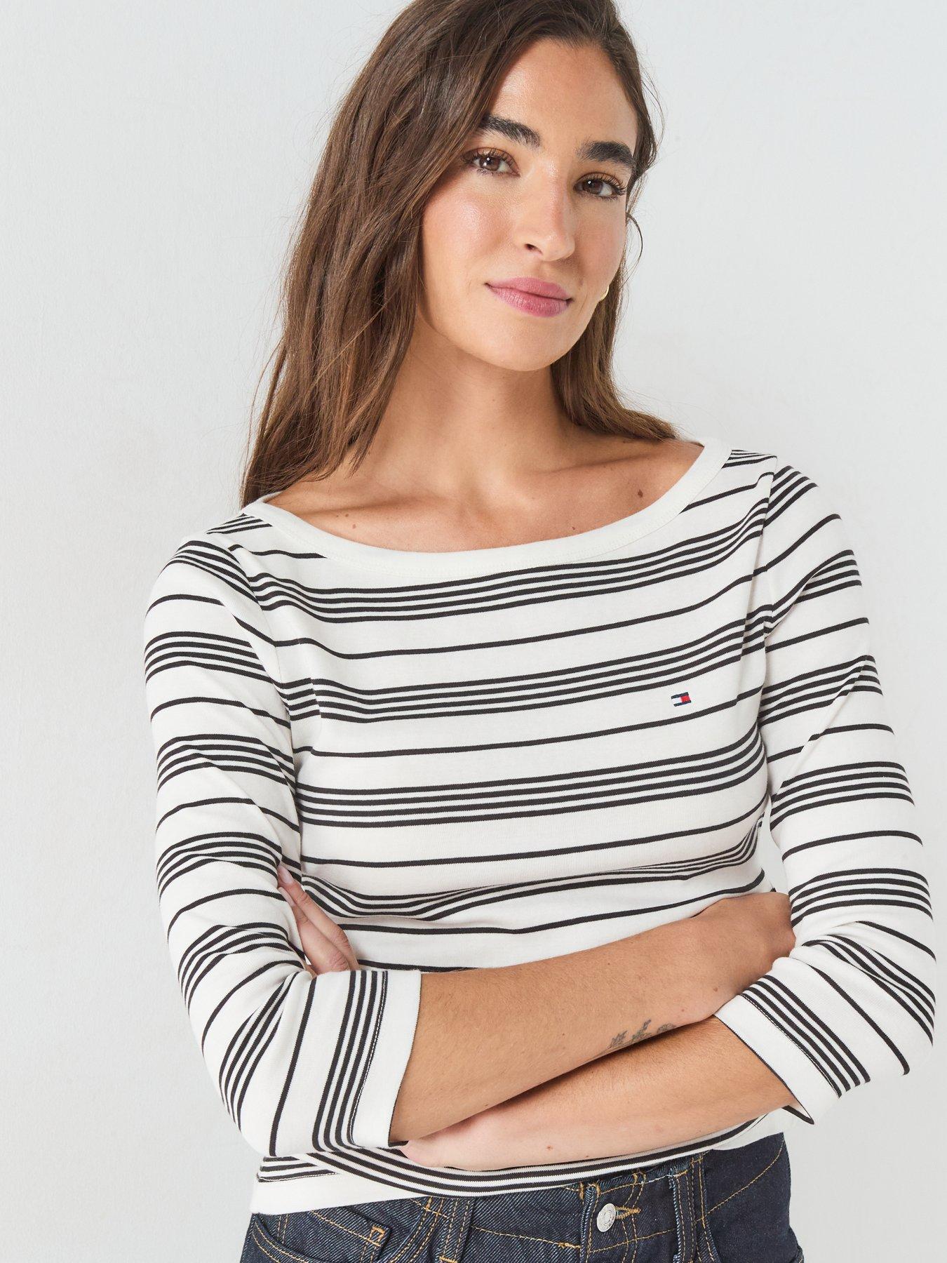 Image 5 of 5 of Tommy Hilfiger Women's Striped Boat Neck 3/4 Sleeve T-Shirt - White/Navy