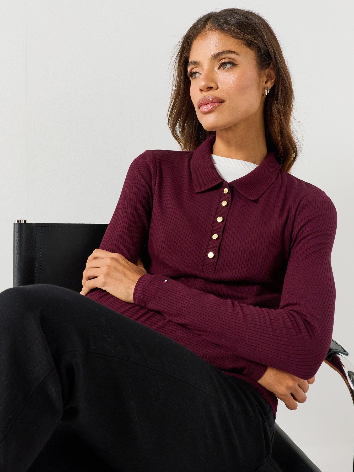 Tommy Hilfiger Slim Fit Ribbed Lthong Sleeve Polo Shirt, Red, Size Xl, Women