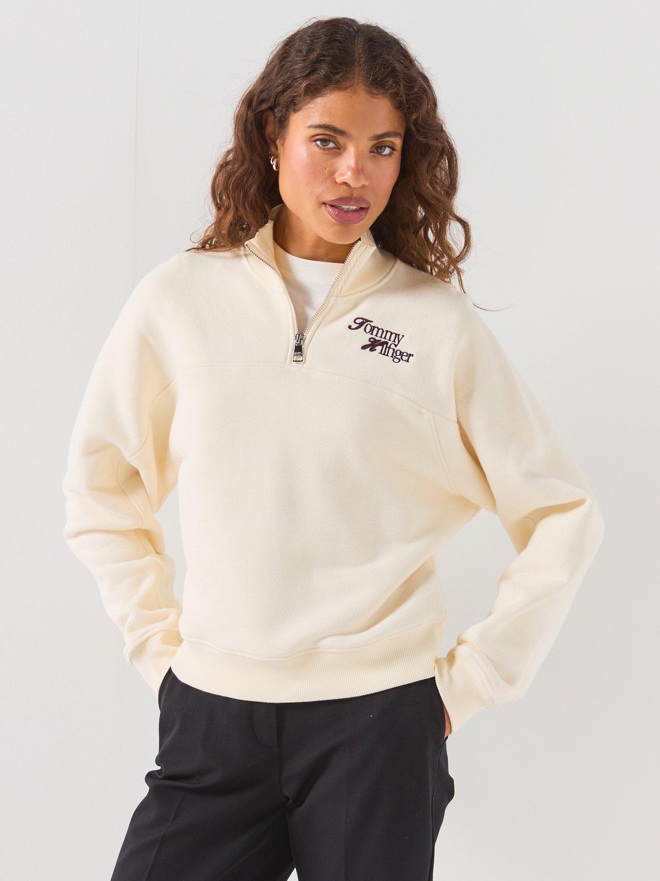 Image 1 of 6 of Tommy Hilfiger Women's Regular Fit Script Logo Quarter Zip Sweatshirt - Cream