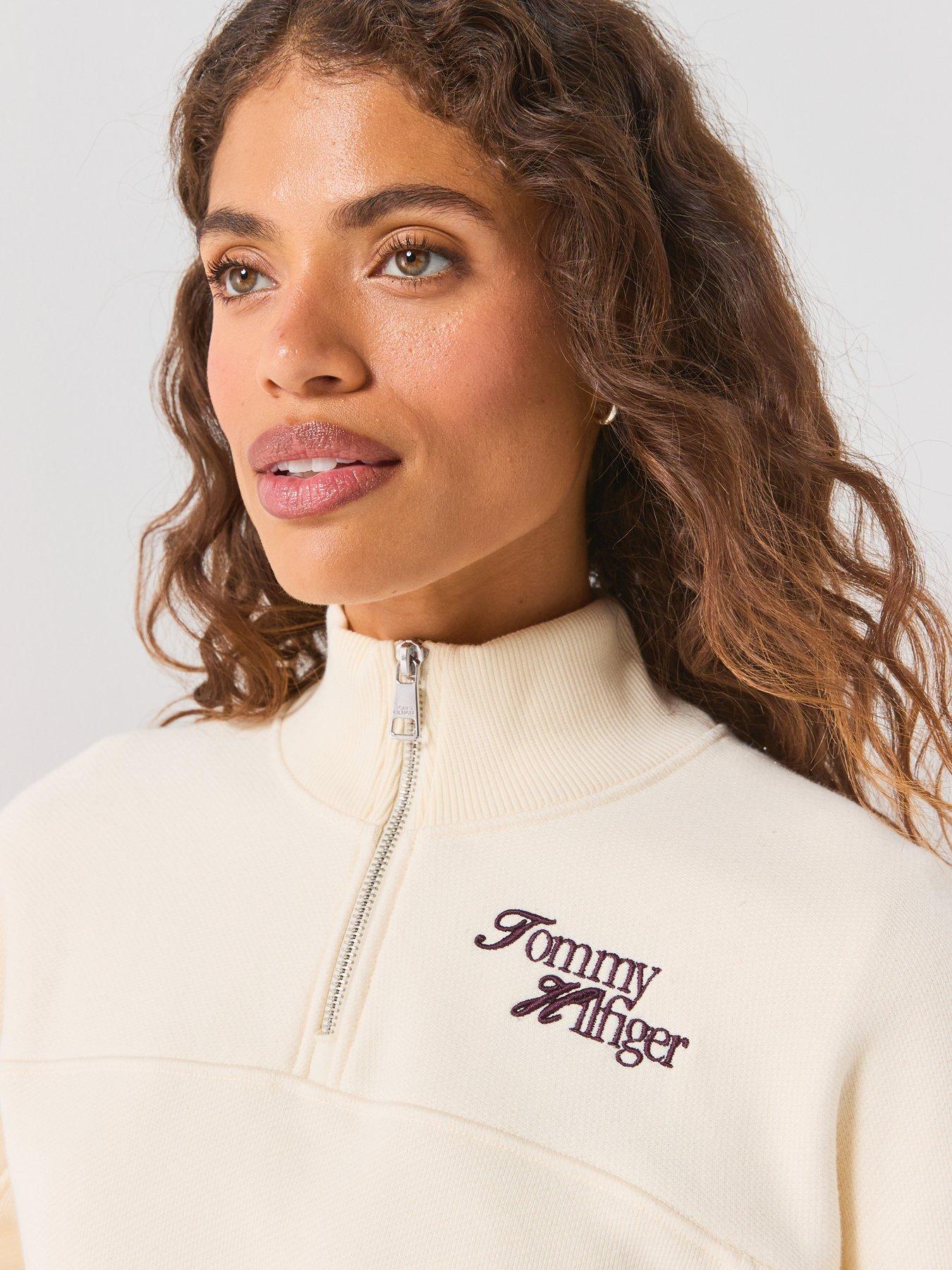 Image 4 of 6 of Tommy Hilfiger Women's Regular Fit Script Logo Quarter Zip Sweatshirt - Cream