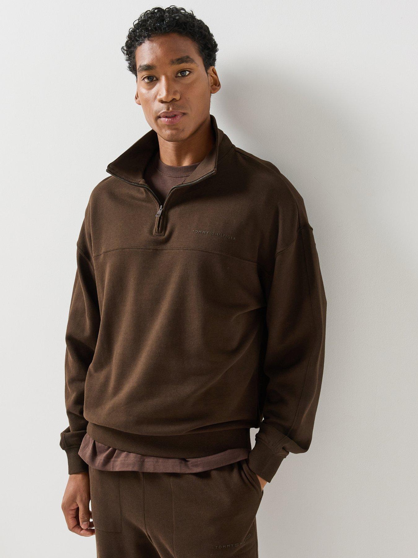 Tommy Hilfiger Mens Quarter Zip Soft Cotton Blend Sweatshirt - Brown