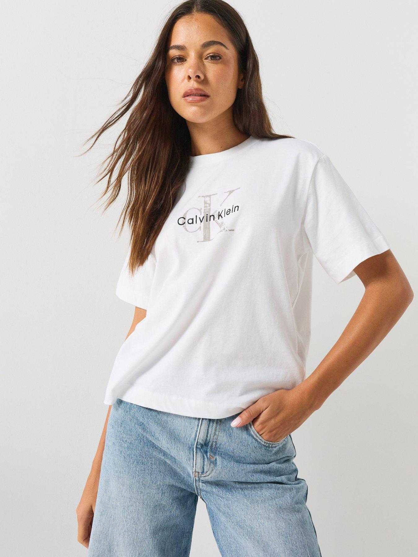 Image 1 of 4 of Calvin Klein Jeans Jeans Distressed Monologo Boxy T-shirt - White