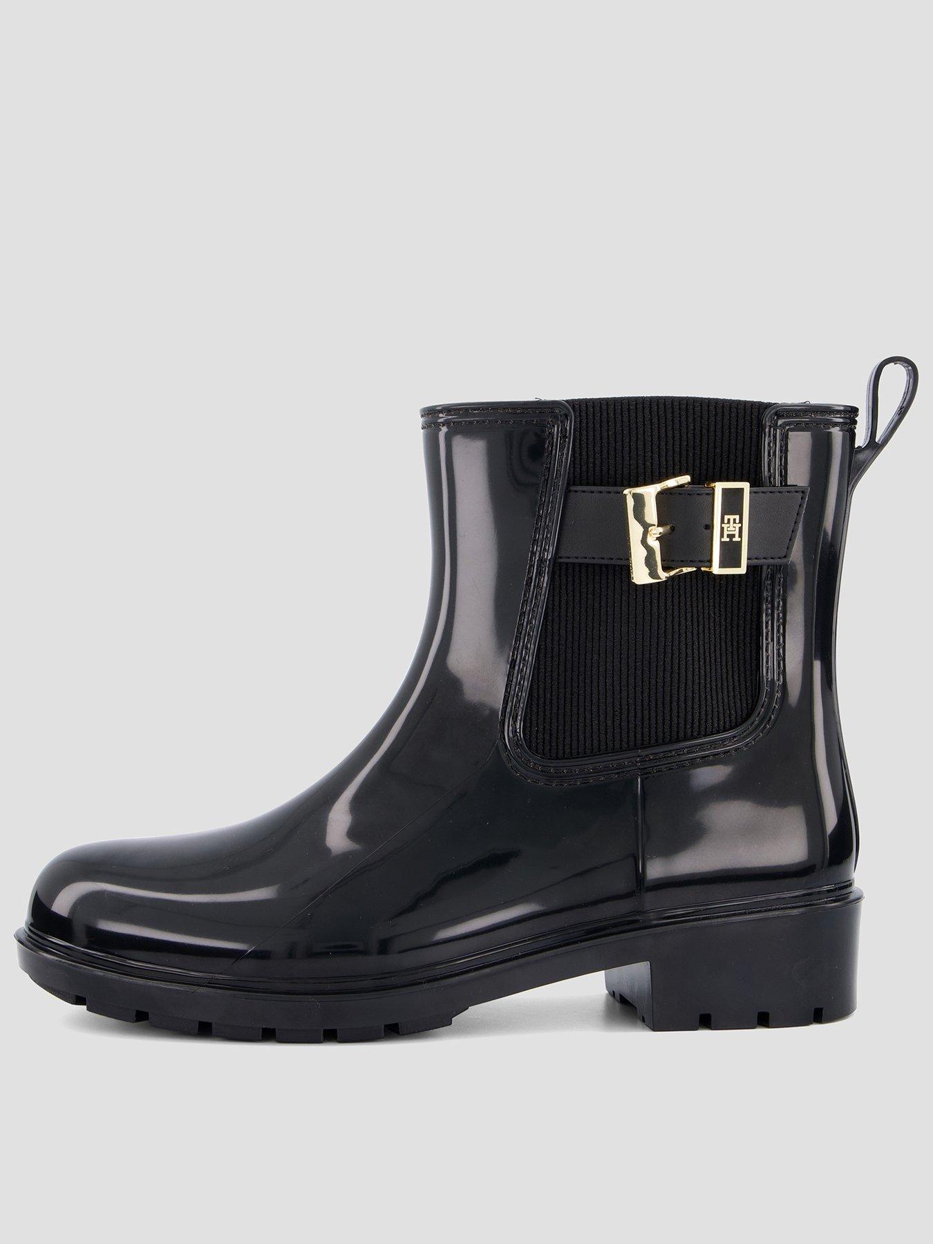 Tommy Hilfiger Shiny Buckle Cleat Rain Boots, Black, Size 38, Women