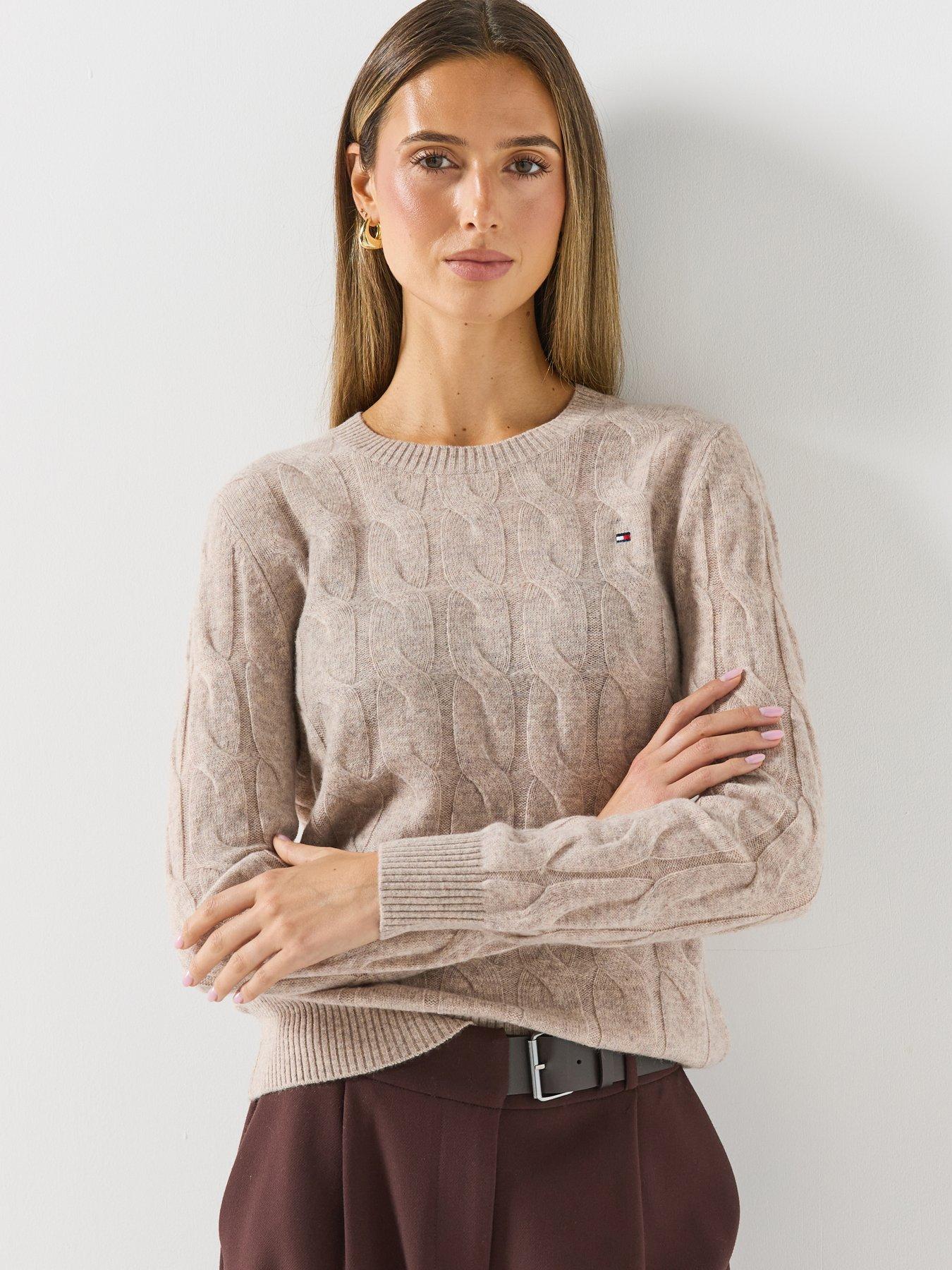 Tommy Hilfiger Womens Pure Wool Chain Cable Knit Crew Neck Jumper, Brown, Size M, Women
