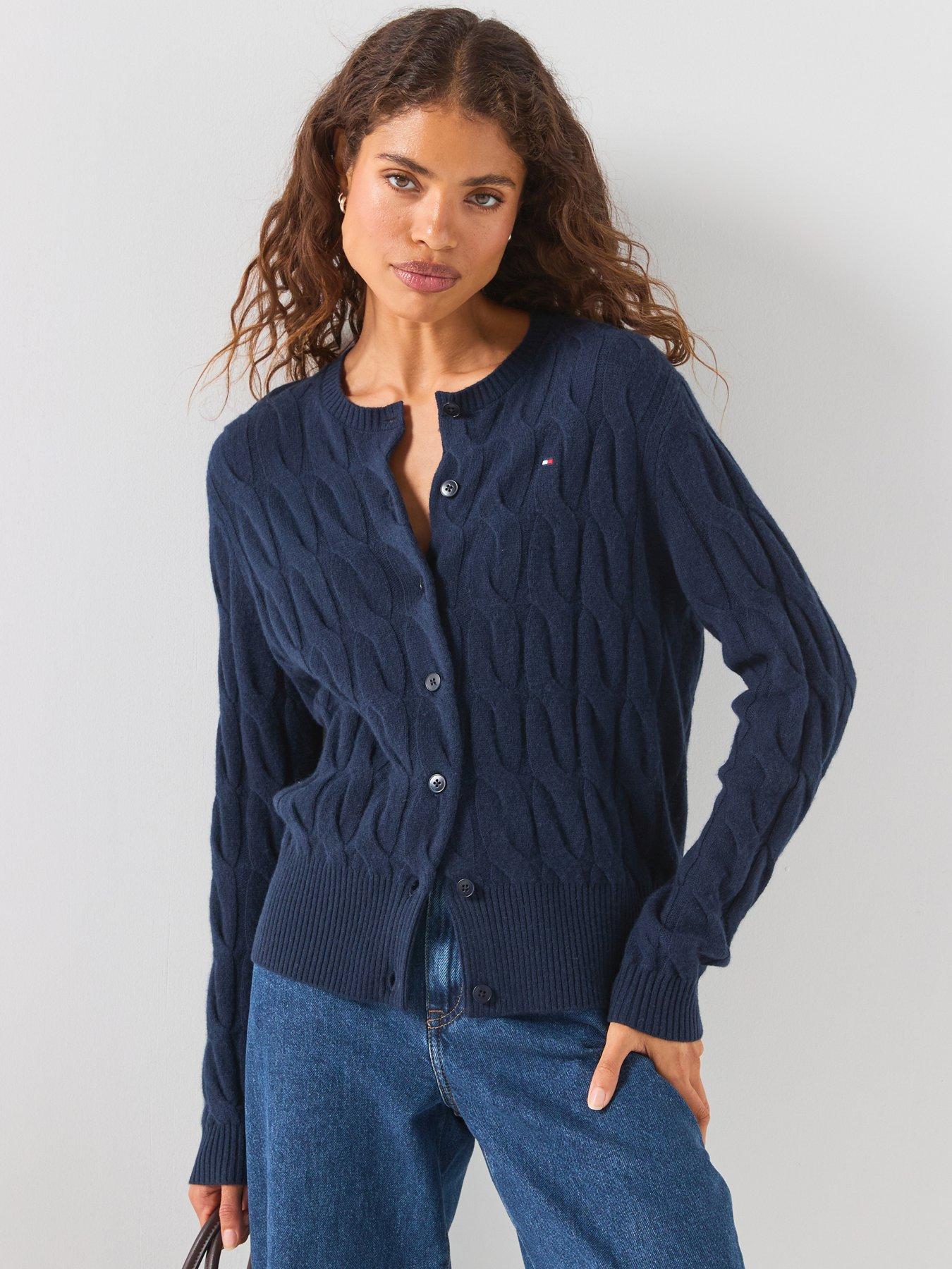 Tommy Hilfiger Pure Wool Cable Knit Slim Cardigan, Blue, Size M, Women