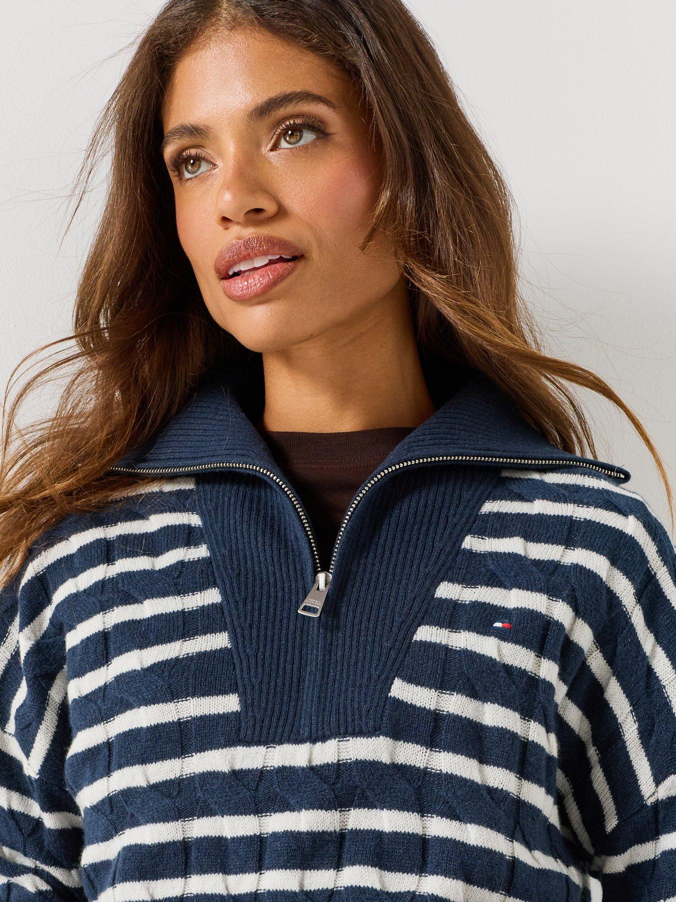 Image 4 of 6 of Tommy Hilfiger Pure Wool Cable Knit Quarter-zip Jumper - Cream / Blue