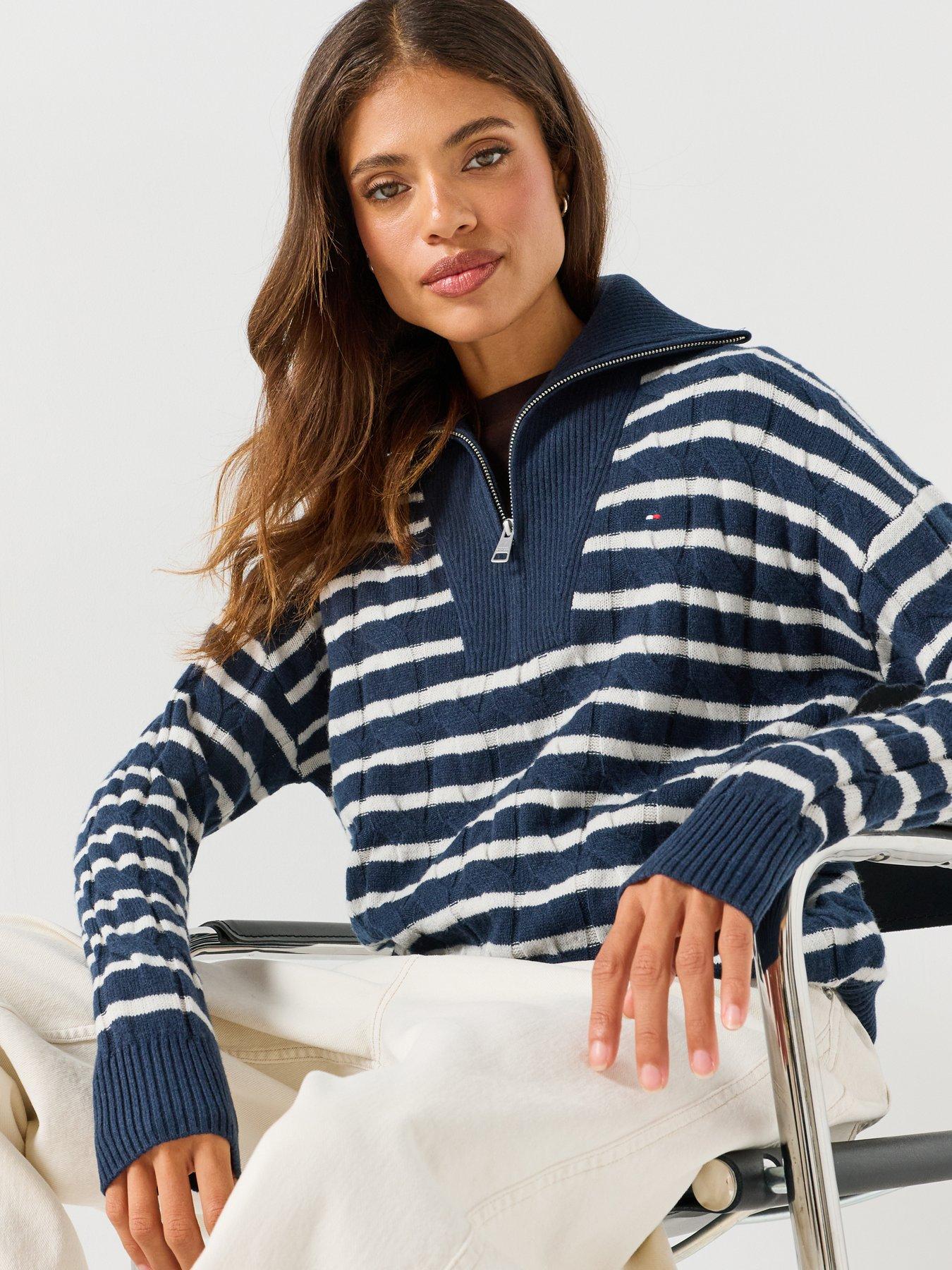 Image 5 of 6 of Tommy Hilfiger Pure Wool Cable Knit Quarter-zip Jumper - Cream / Blue