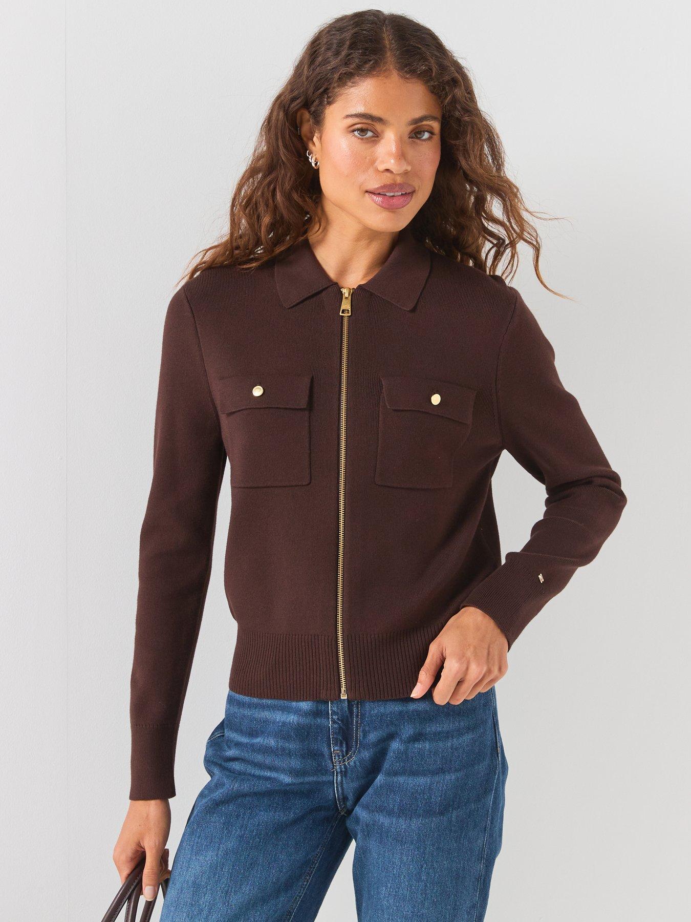 Tommy Hilfiger Women's Full Needle Knit Zip Through Jacket, Brown, Size S, Women