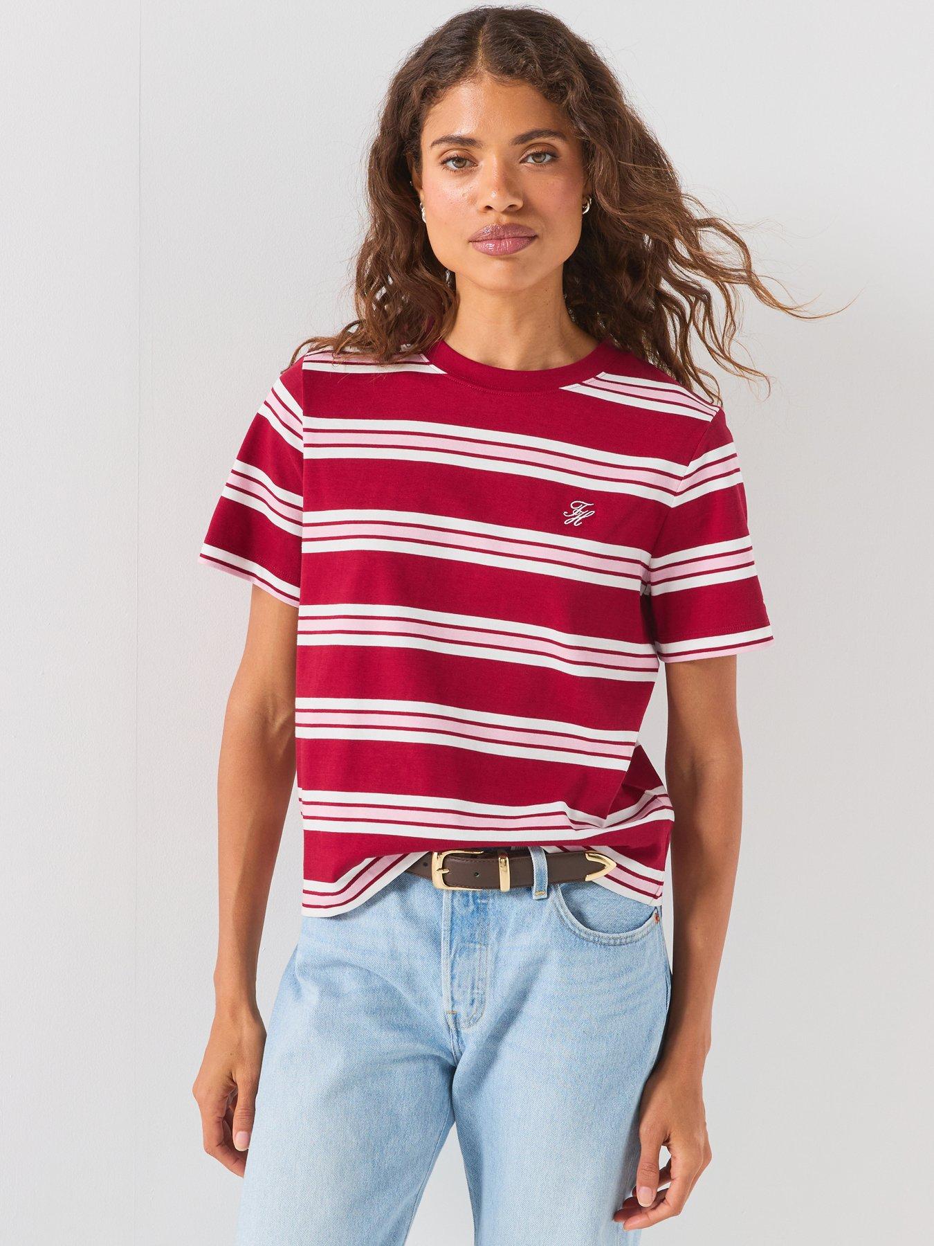 Image 1 of 6 of Tommy Hilfiger Women's Striped Crew Neck Short Sleeve T-Shirt - Red/White