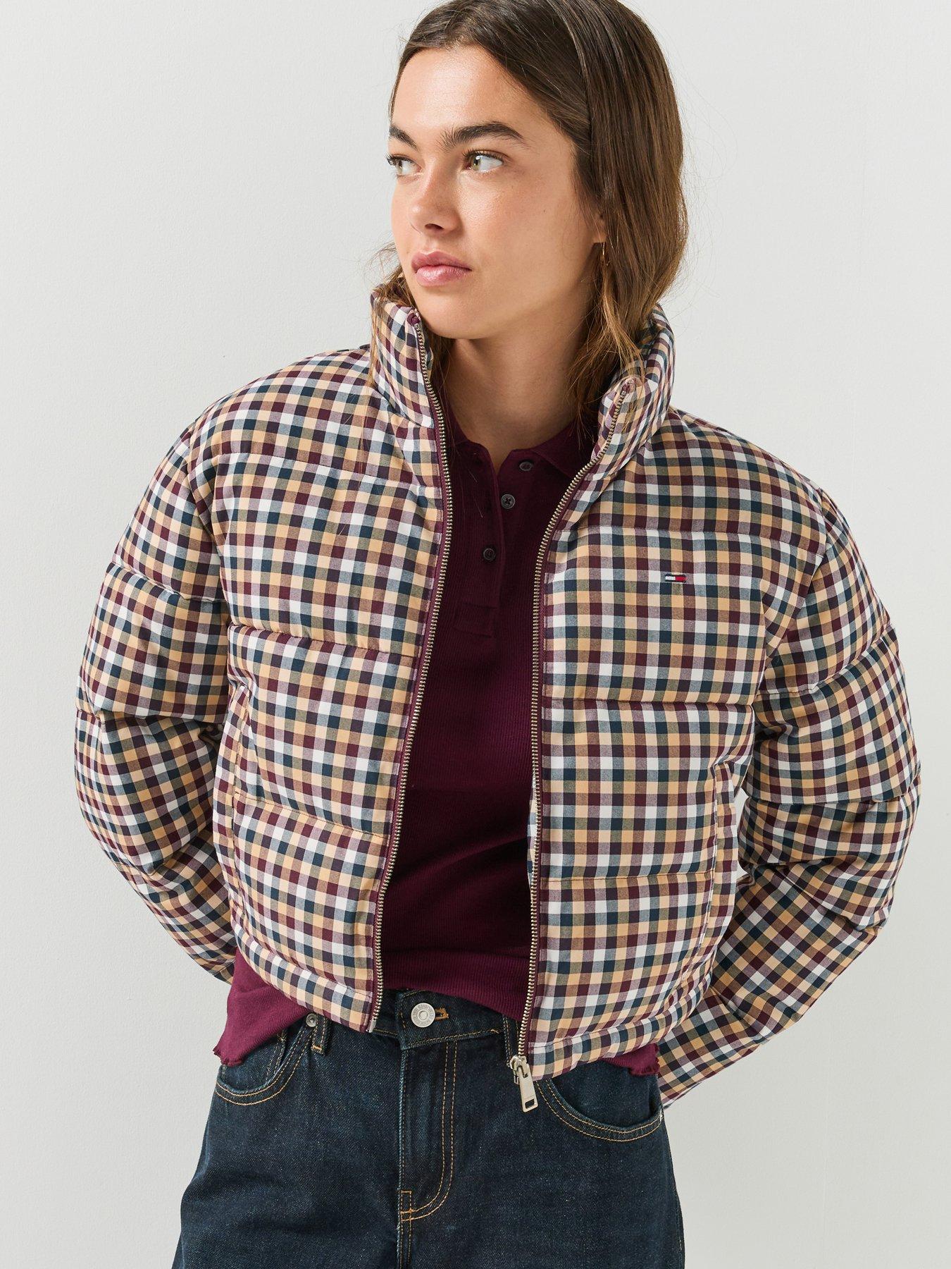 Tommy Jeans Womens Cropped Relaxed Check Puffer Jacket, Multi, Size S, Women