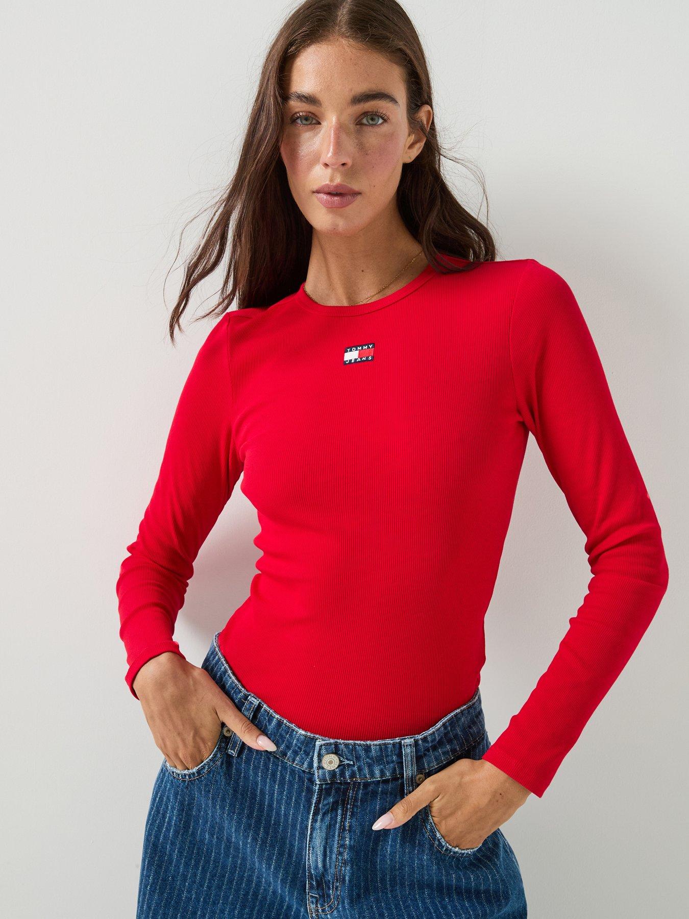 Tommy Jeans Women's Slim Fit Long Sleeve Badge T Shirt, Red, Size L, Women