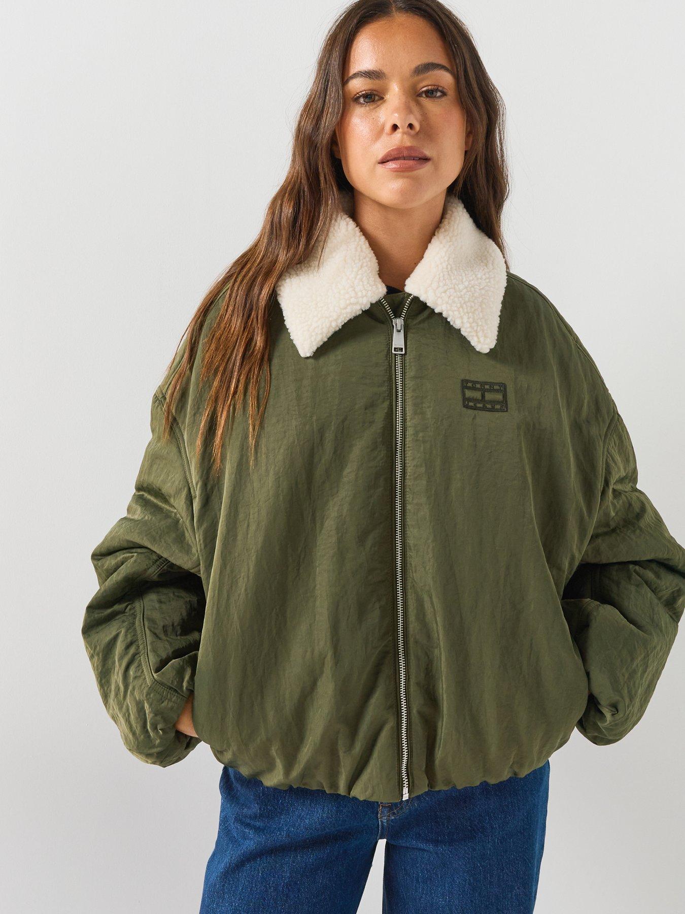 Image 1 of 4 of Tommy Jeans Women's Faux Fur Collar Utility Bomber Jacket - Green