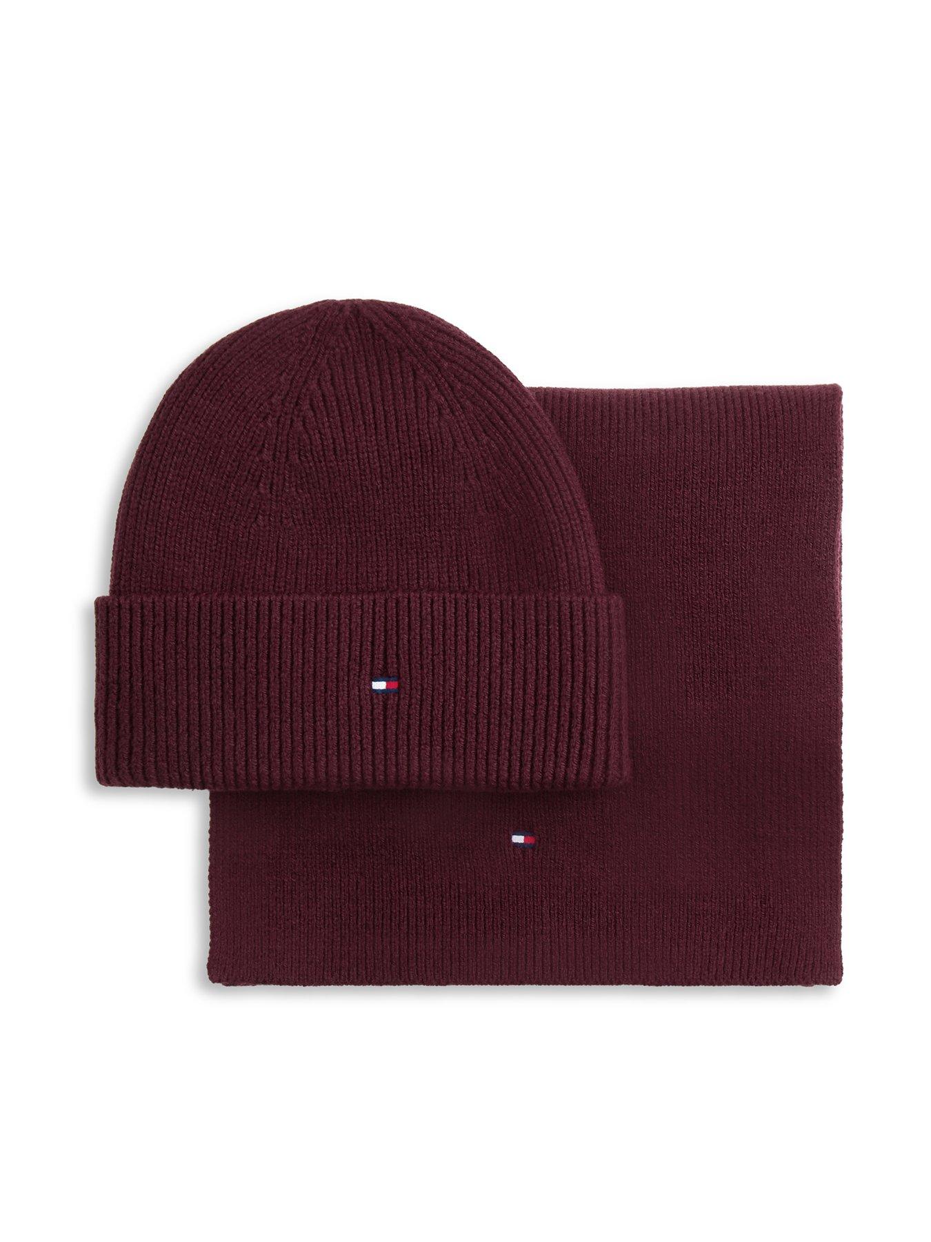 Image 1 of 5 of Tommy Hilfiger Womens Hilfiger Flag Rib Knit Beanie And Scarf Set - Red