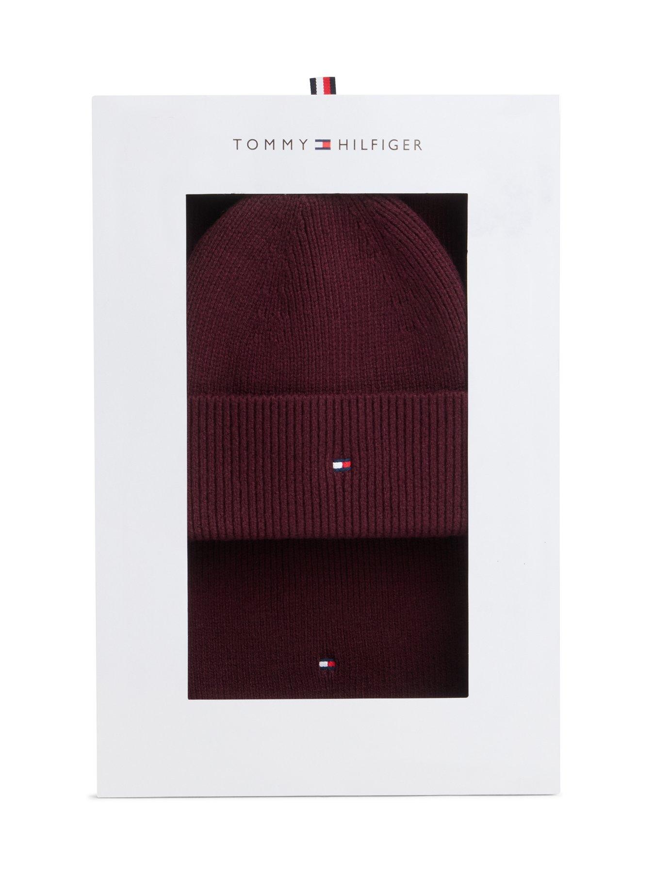 Image 5 of 5 of Tommy Hilfiger Womens Hilfiger Flag Rib Knit Beanie And Scarf Set - Red