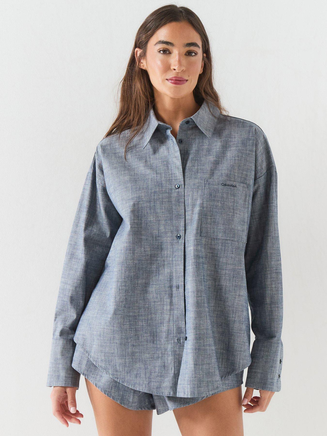 Image 1 of 6 of Calvin Klein Cotton Chambray Pyjama Top - Blue
