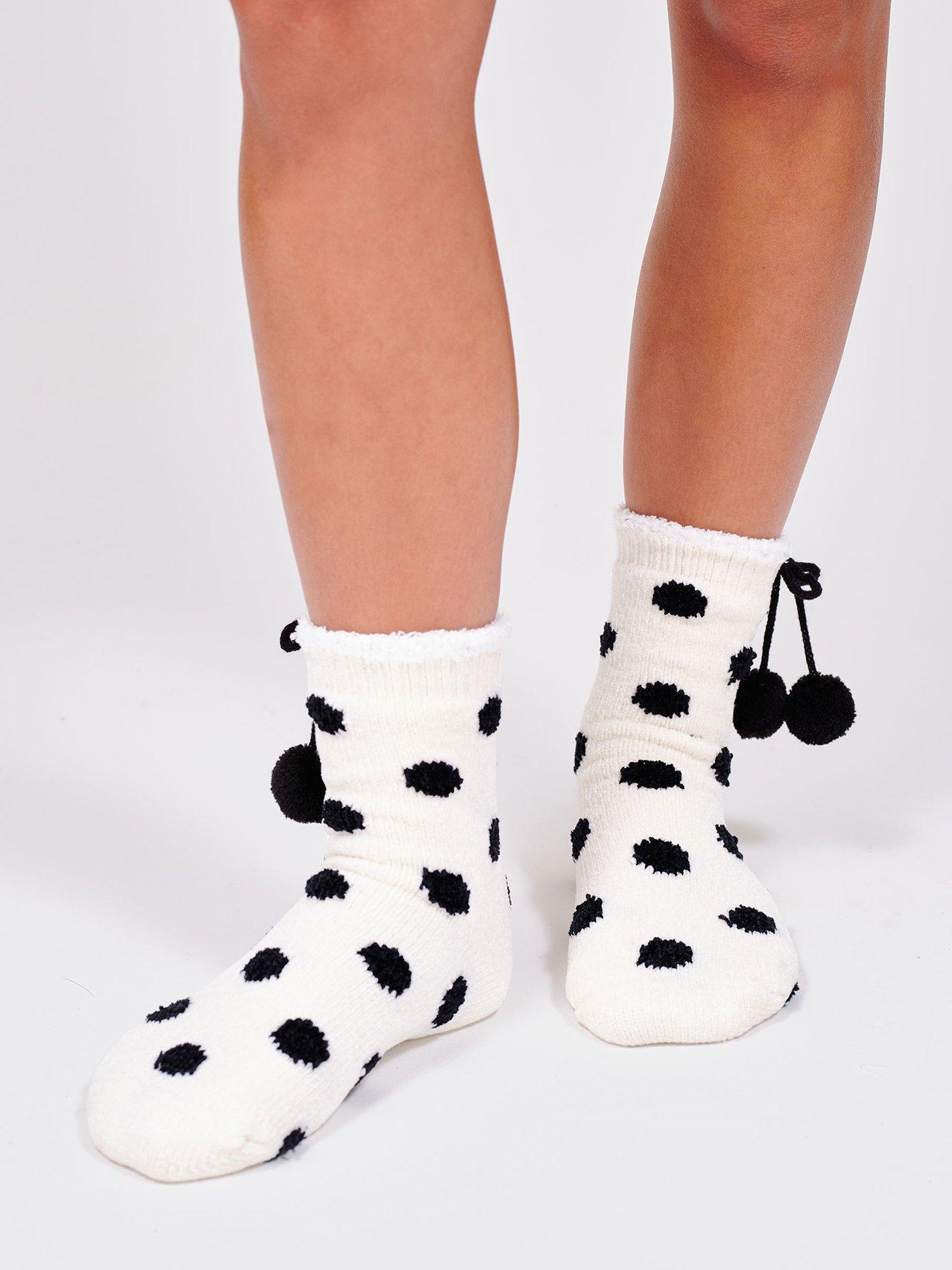 Image 1 of 5 of Loungeable Chenille Polka Dot Socks with Pom Pom Detail - Multi