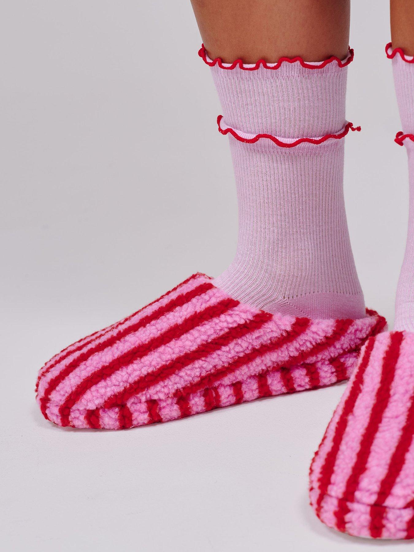 Image 3 of 5 of Loungeable Stripe Cosy Borg Slippers - Pink