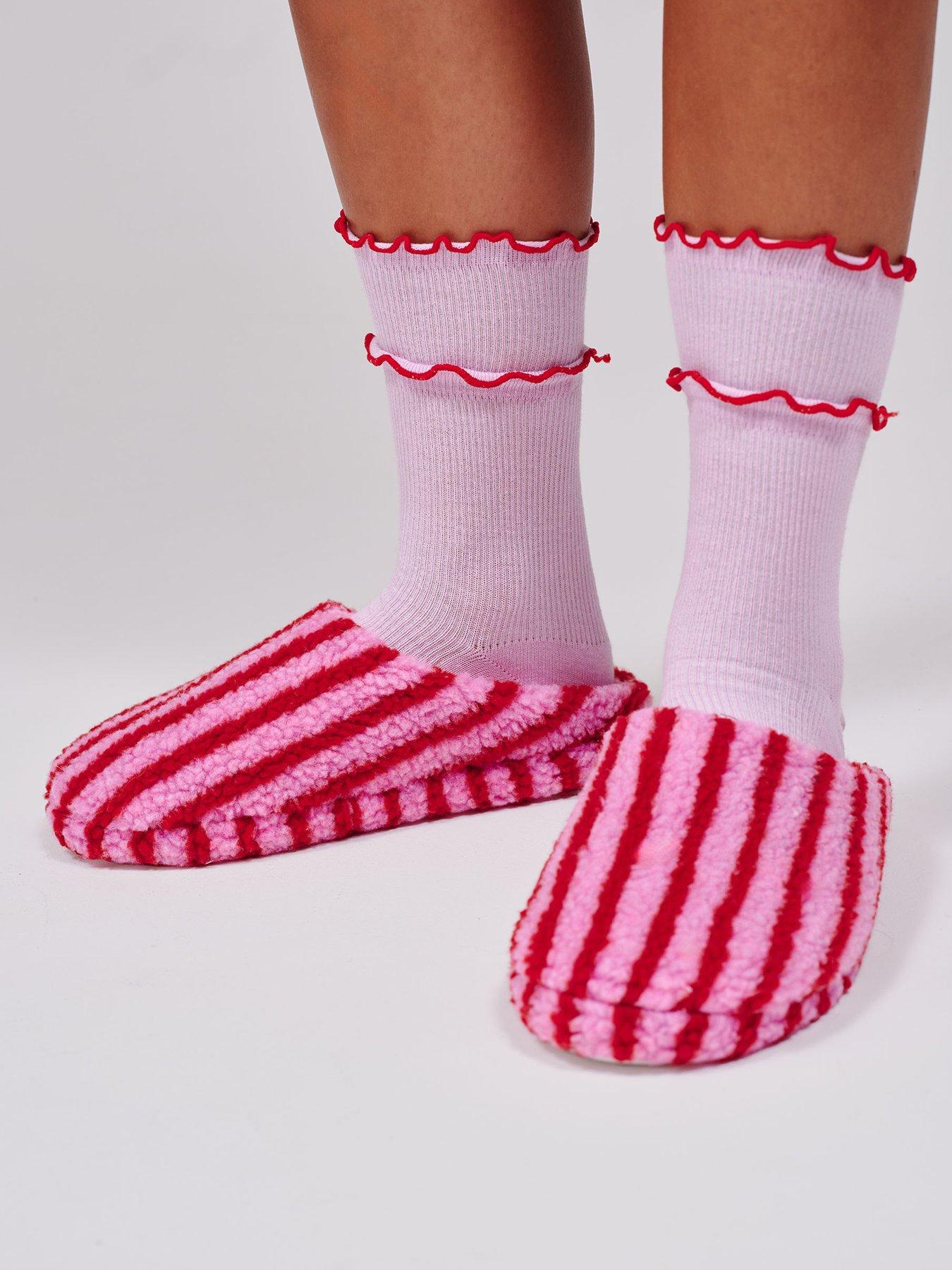 Image 5 of 5 of Loungeable Stripe Cosy Borg Slippers - Pink