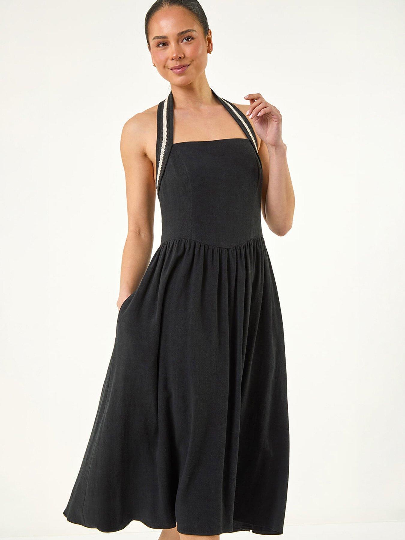 Image 1 of 5 of Roman Petite Halter Neck Linen Blend Dress