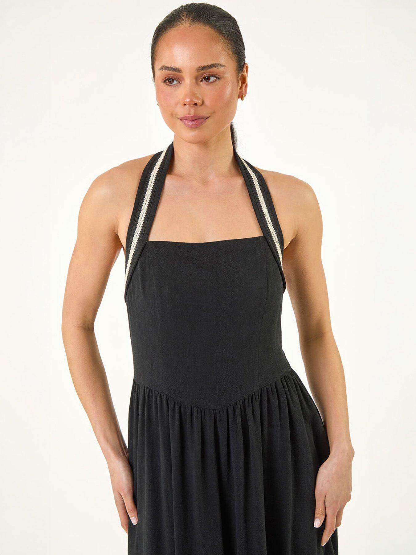 Image 3 of 5 of Roman Petite Halter Neck Linen Blend Dress