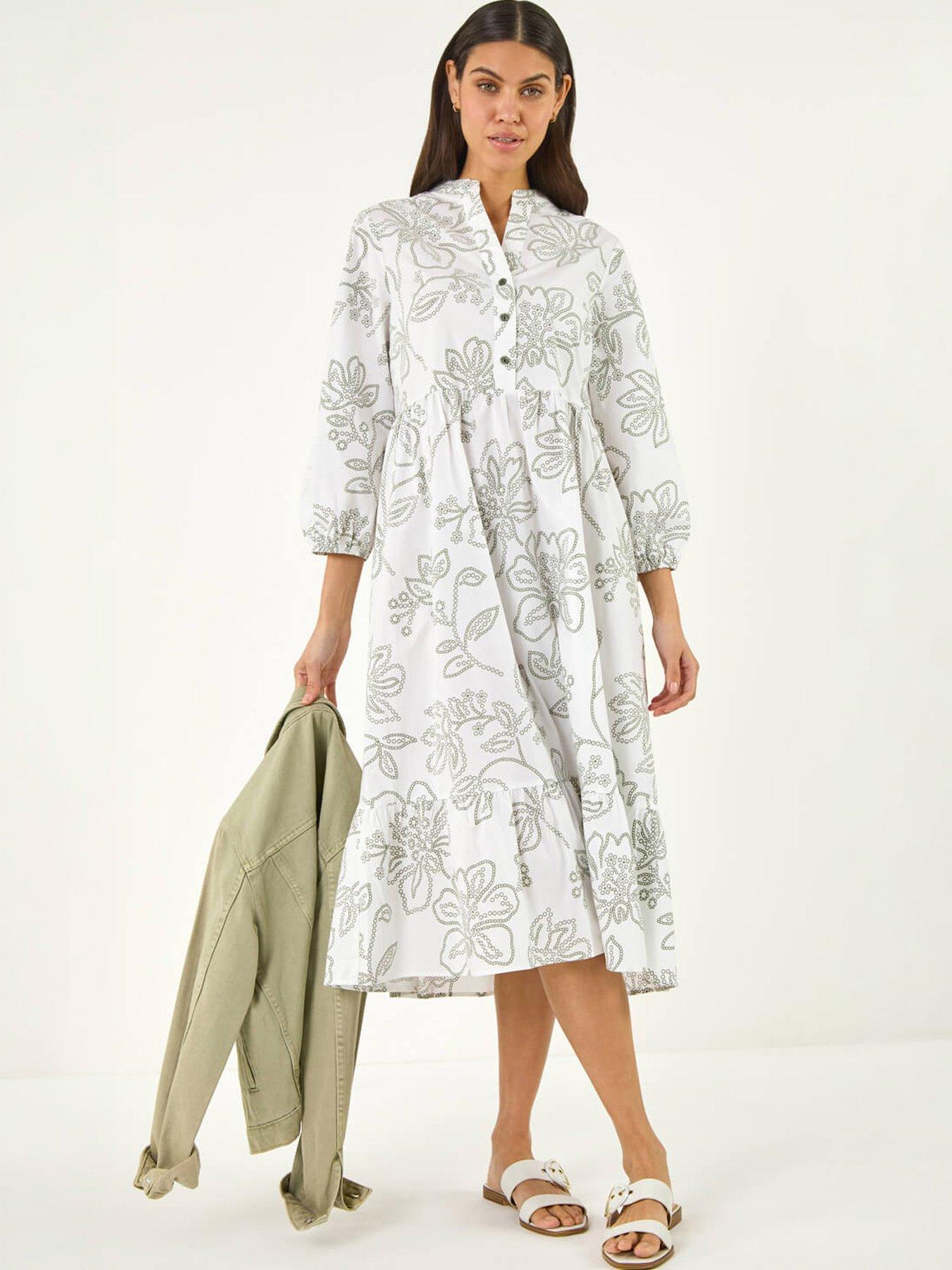 Roman Floral Puff Print Buttoned Midi Dress