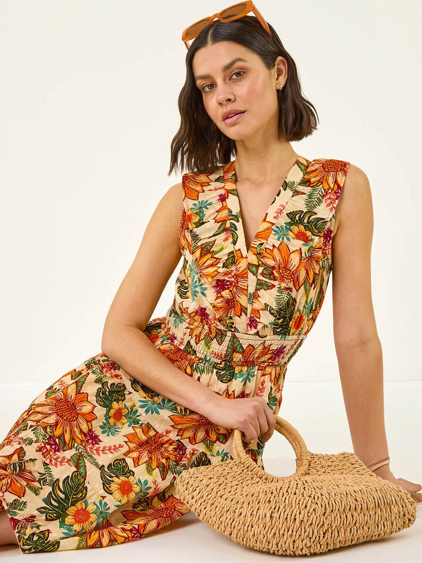 Roman Floral Print Frill V-Neck Maxi Dress