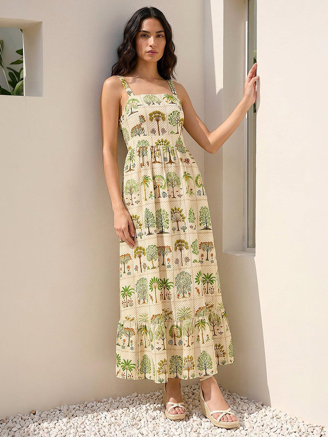 Image 1 of 4 of Roman Tree Tile Print Strappy Tie Midi Dress