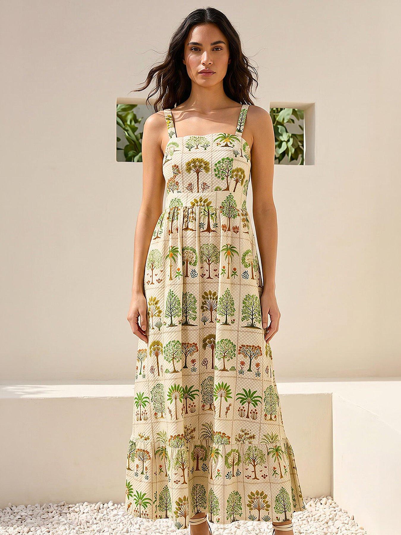Image 2 of 4 of Roman Tree Tile Print Strappy Tie Midi Dress