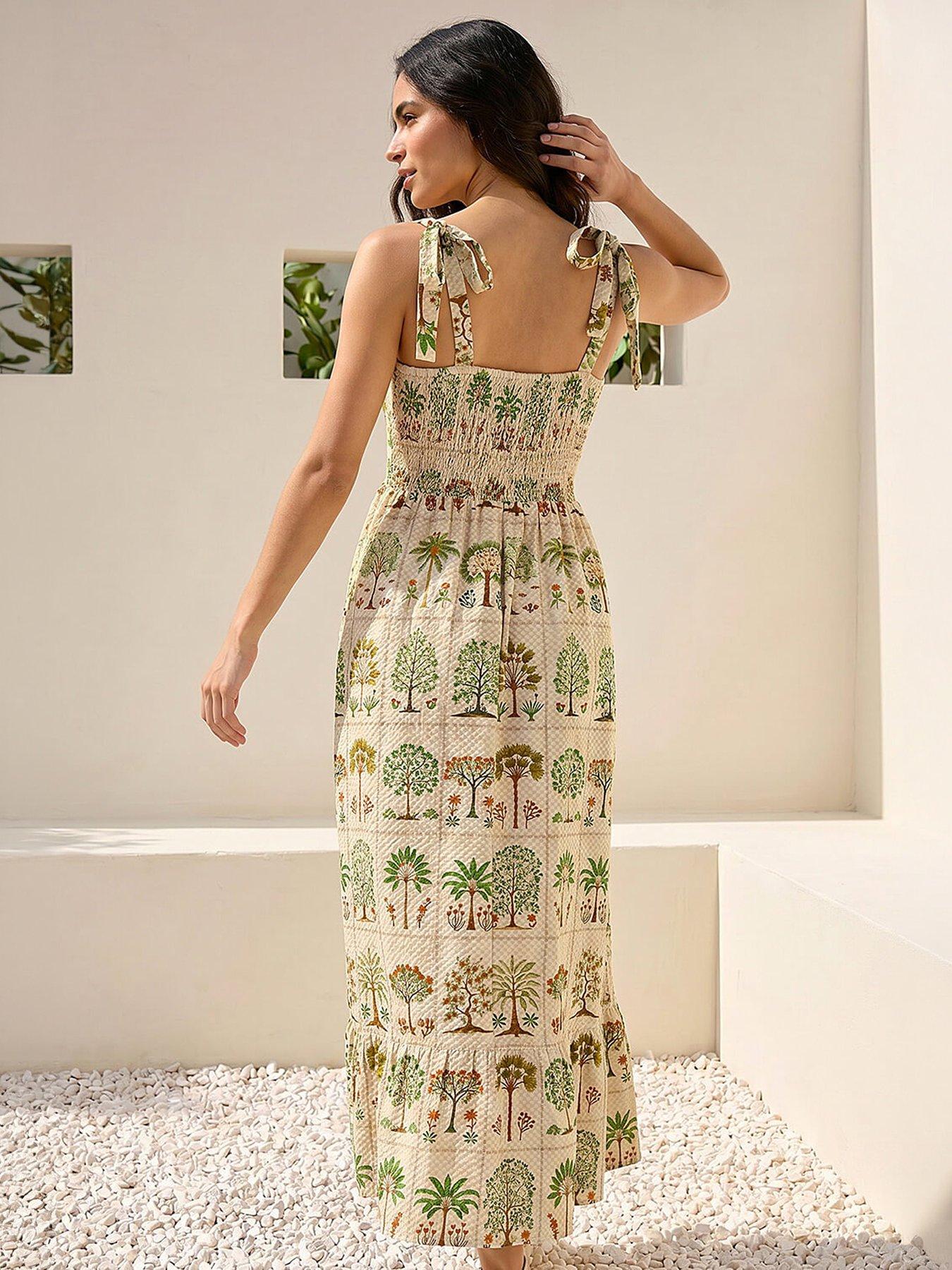 Image 3 of 4 of Roman Tree Tile Print Strappy Tie Midi Dress