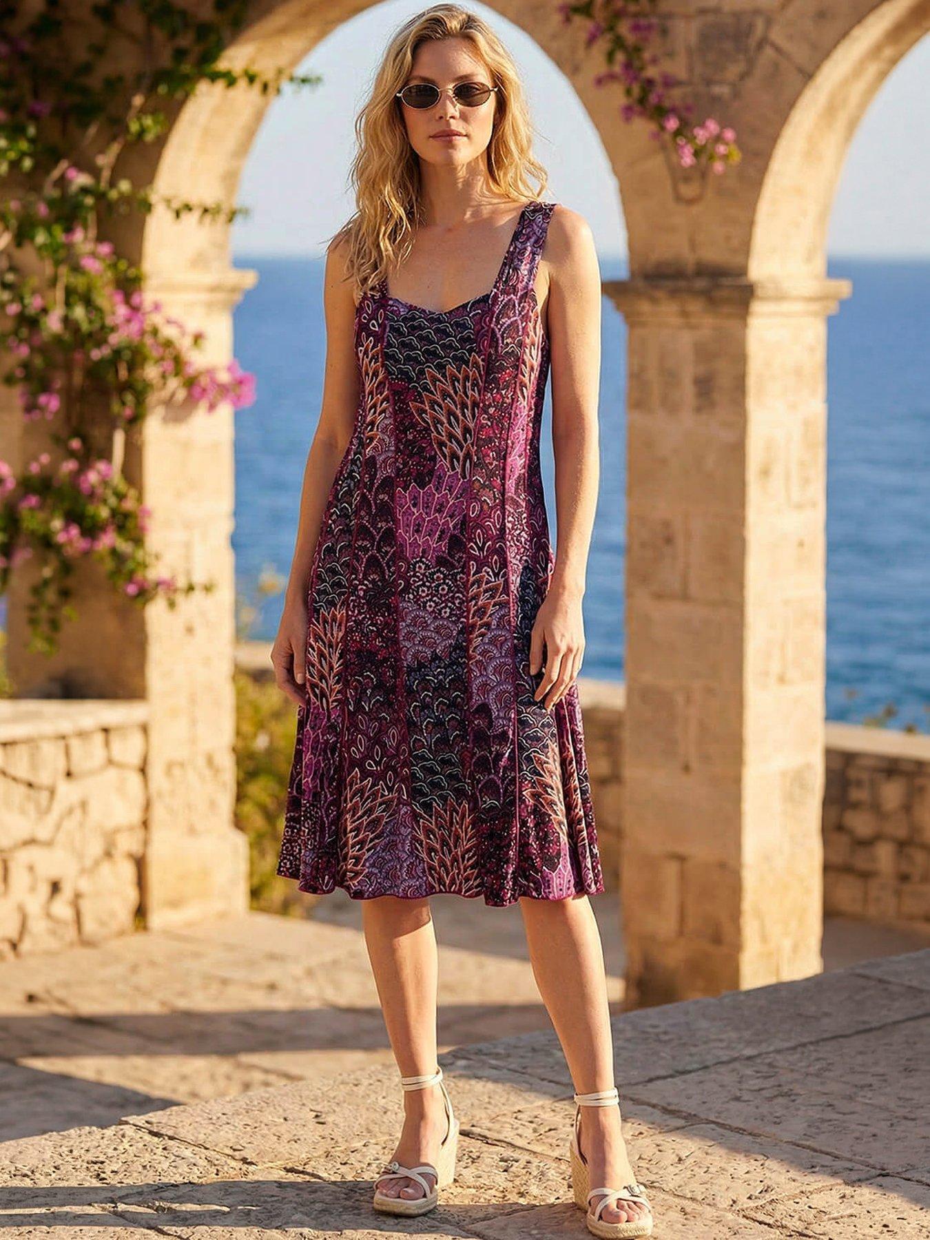 Roman Peacock Print Panel Dress